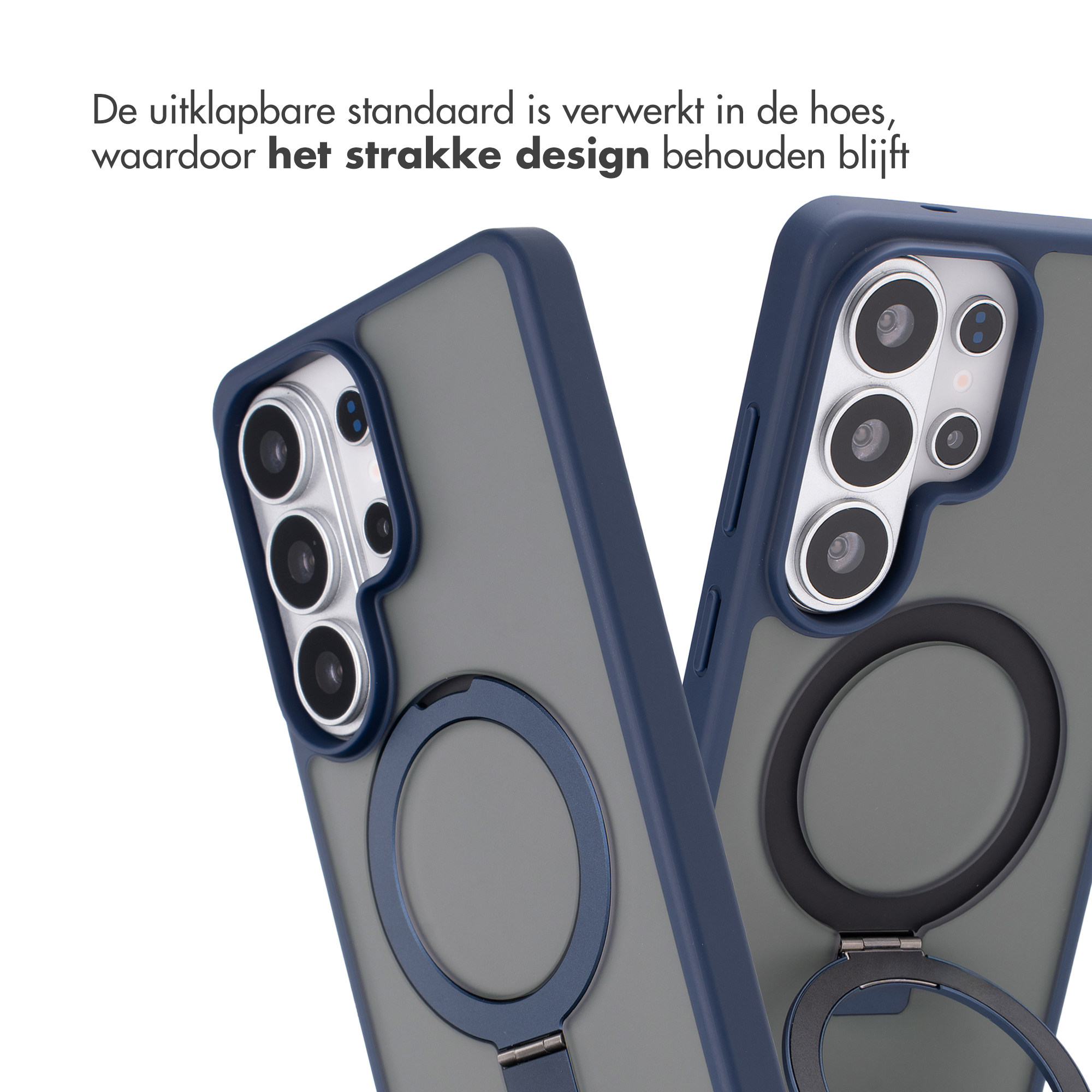 Twee telefoonhoesjes met camera's en ringhouders op witte achtergrond.
