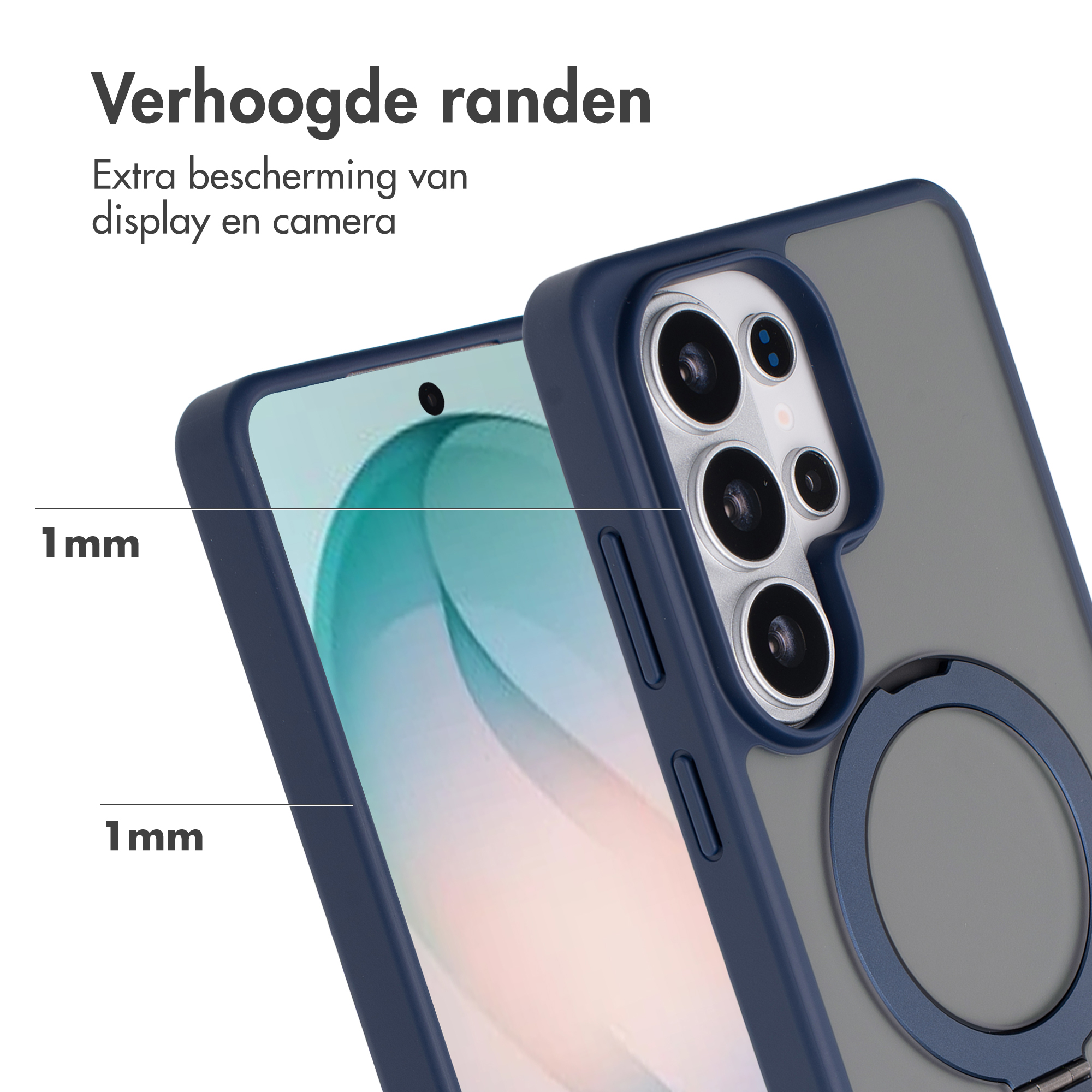 Grijze telefoonhoes met blauwe randen, ringhouder en gemarkeerde 1mm rand.