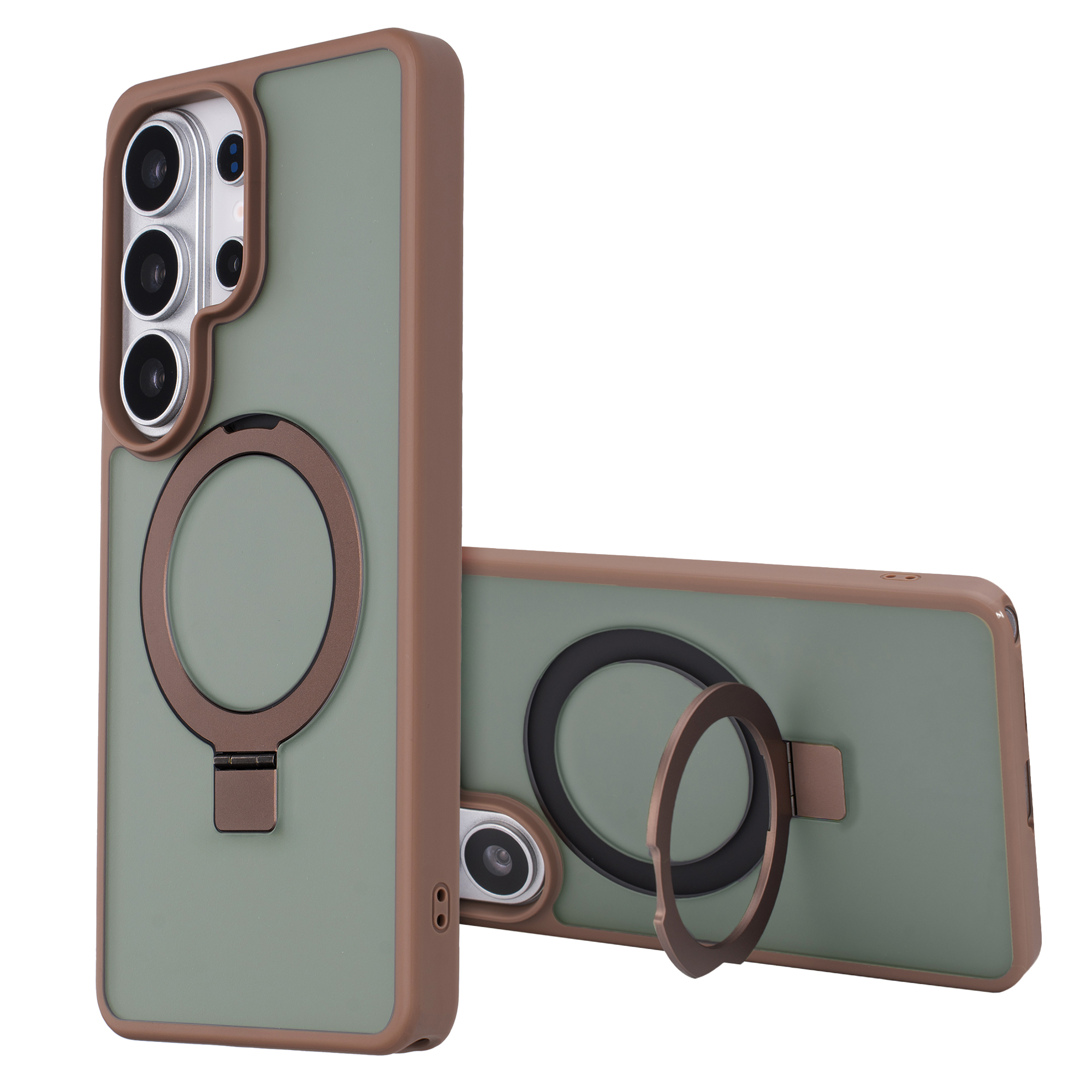 Groene telefoonhoes met bruin frame en ringhouder, witte achtergrond.