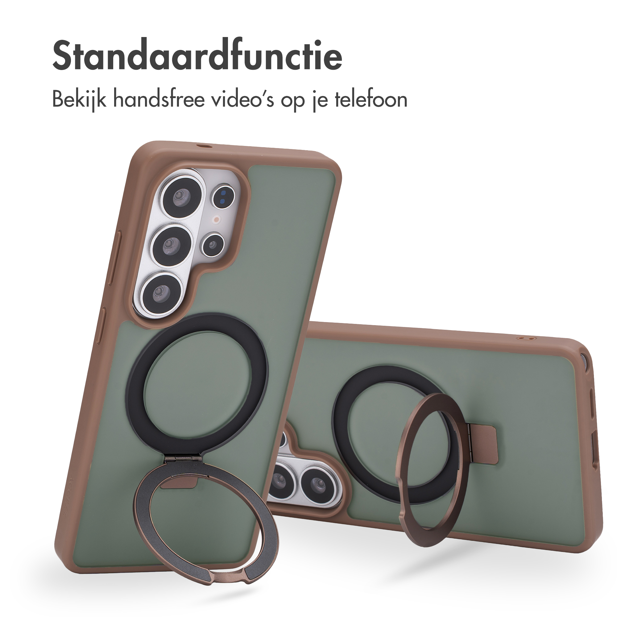Twee telefoonhoesjes in bruin en groen met geïntegreerde ringstandaard.
