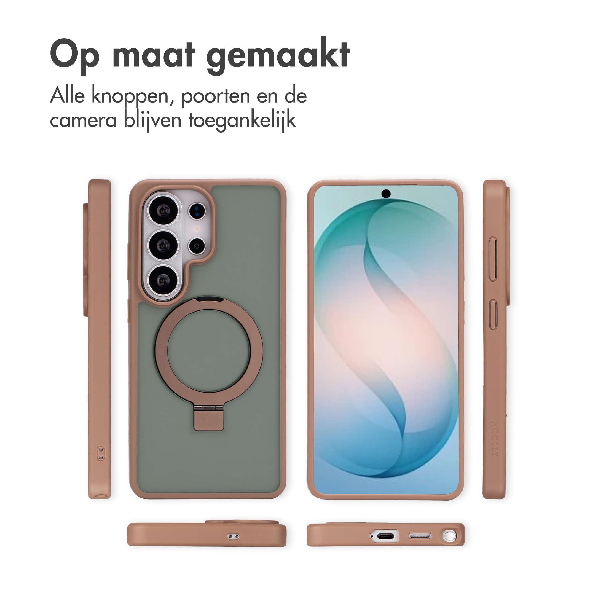 Een telefoon in bruine hoes met camera, vanuit meerdere hoeken getoond.
