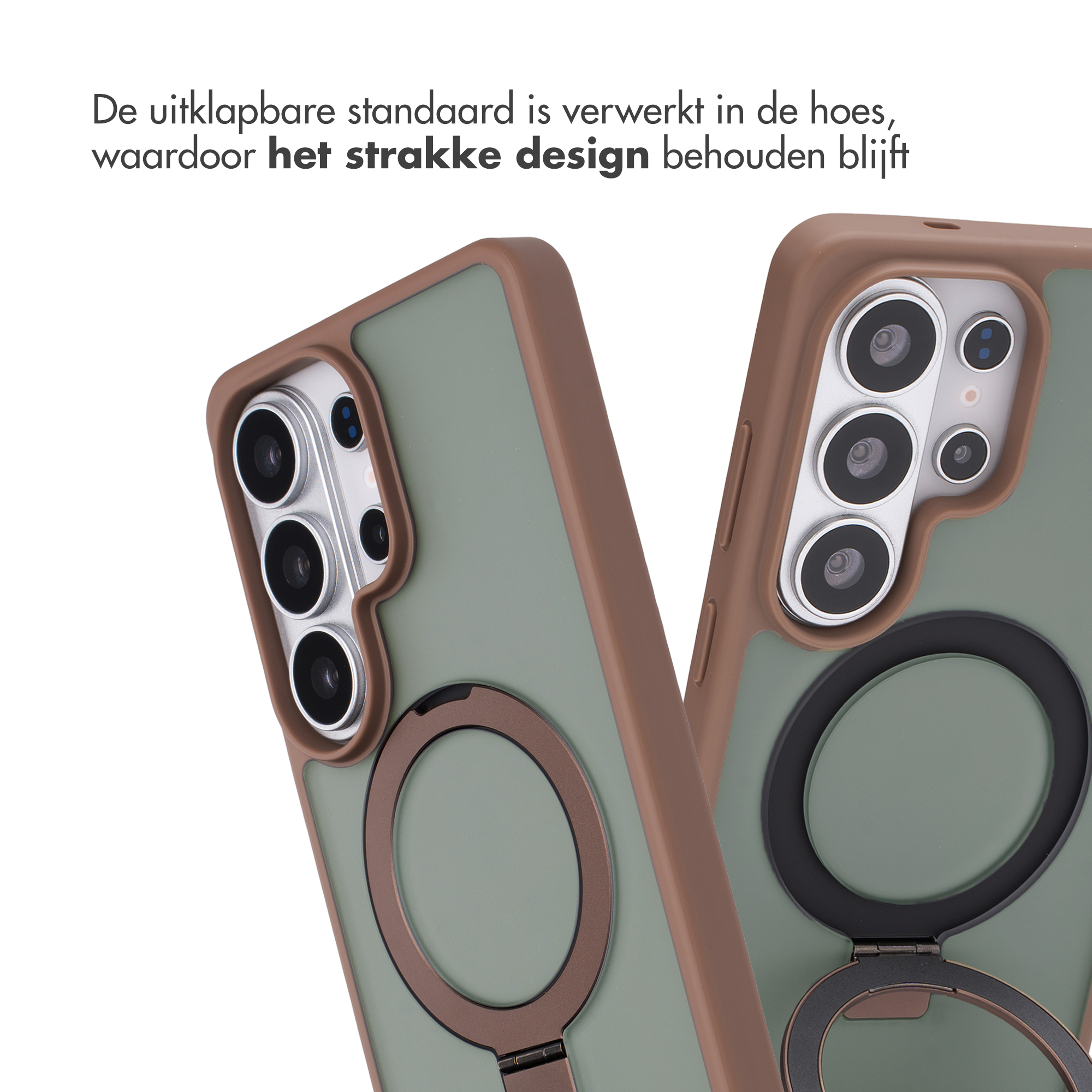 Twee olijfgroene telefoonhoesjes met bruine rand en ringhouder.
