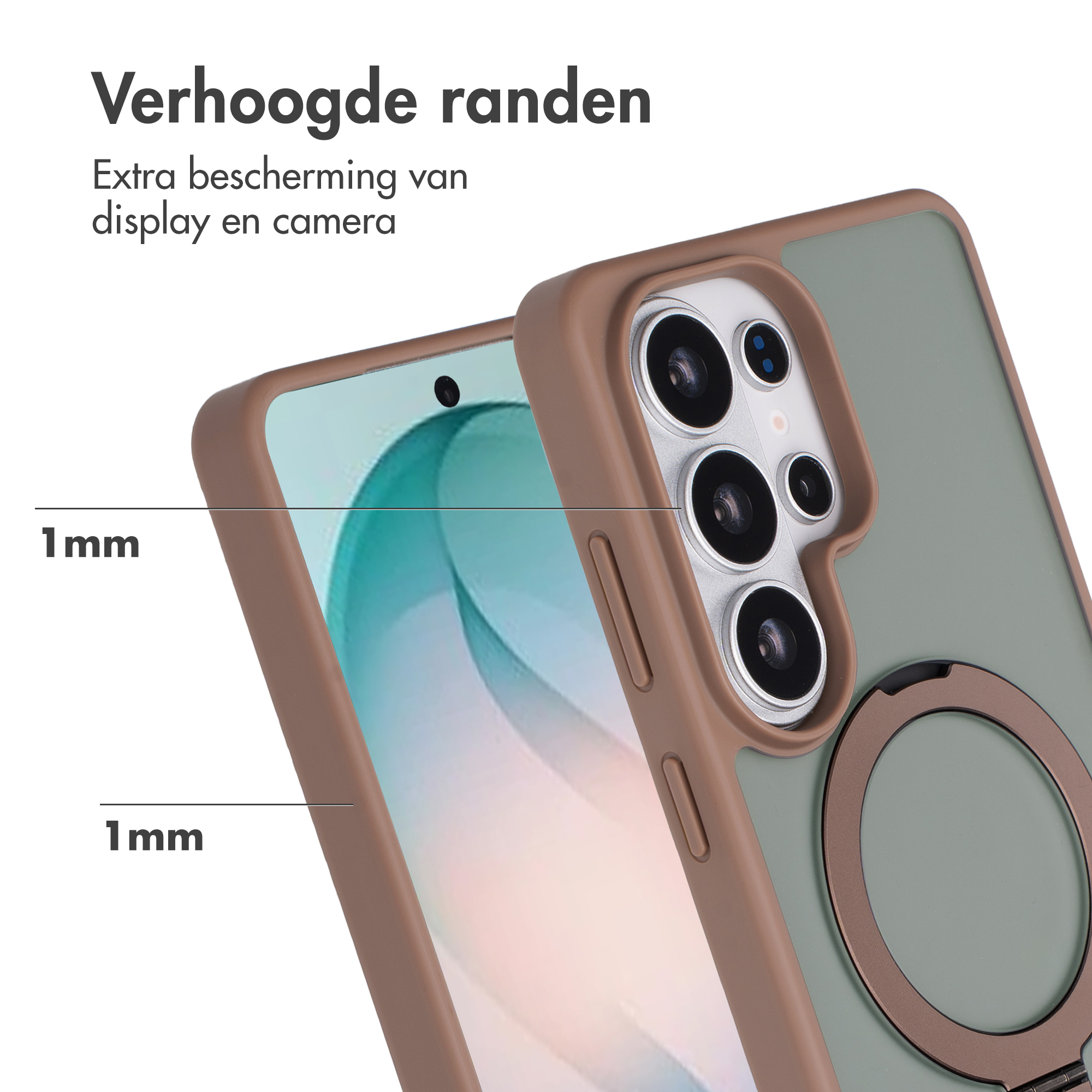 Groene telefoonhoes met bruine rand, cameralenzen en ringhouder.