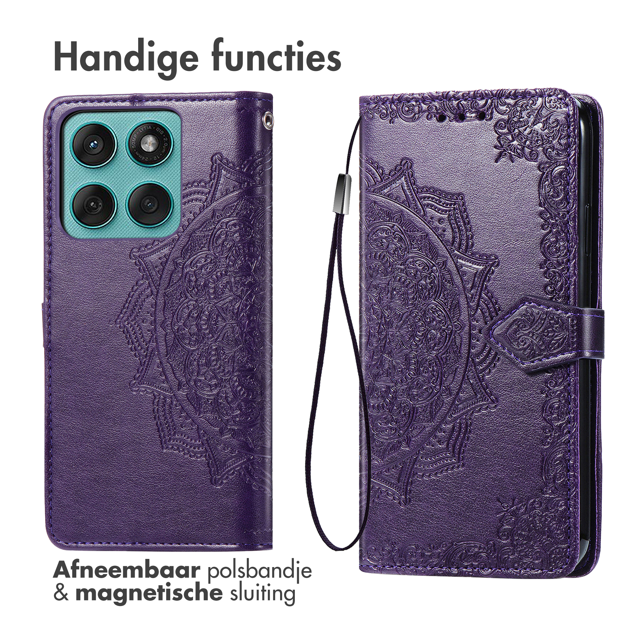 Paarse telefoonhoes met reliëf mandala, cameragat en afneembare polsband.