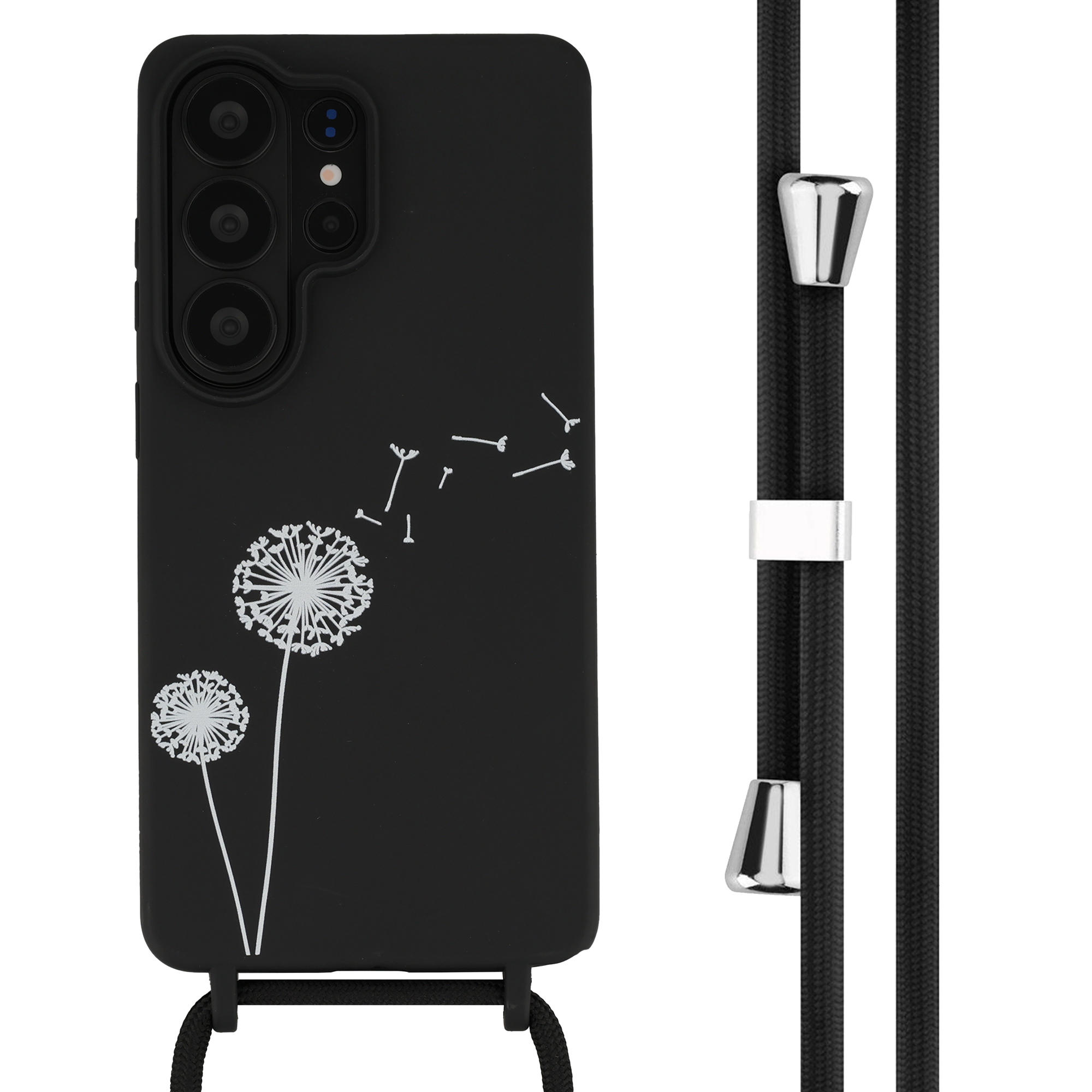 Zwarte telefoonhoes met wit paardenbloemontwerp en koord met metalen accenten.