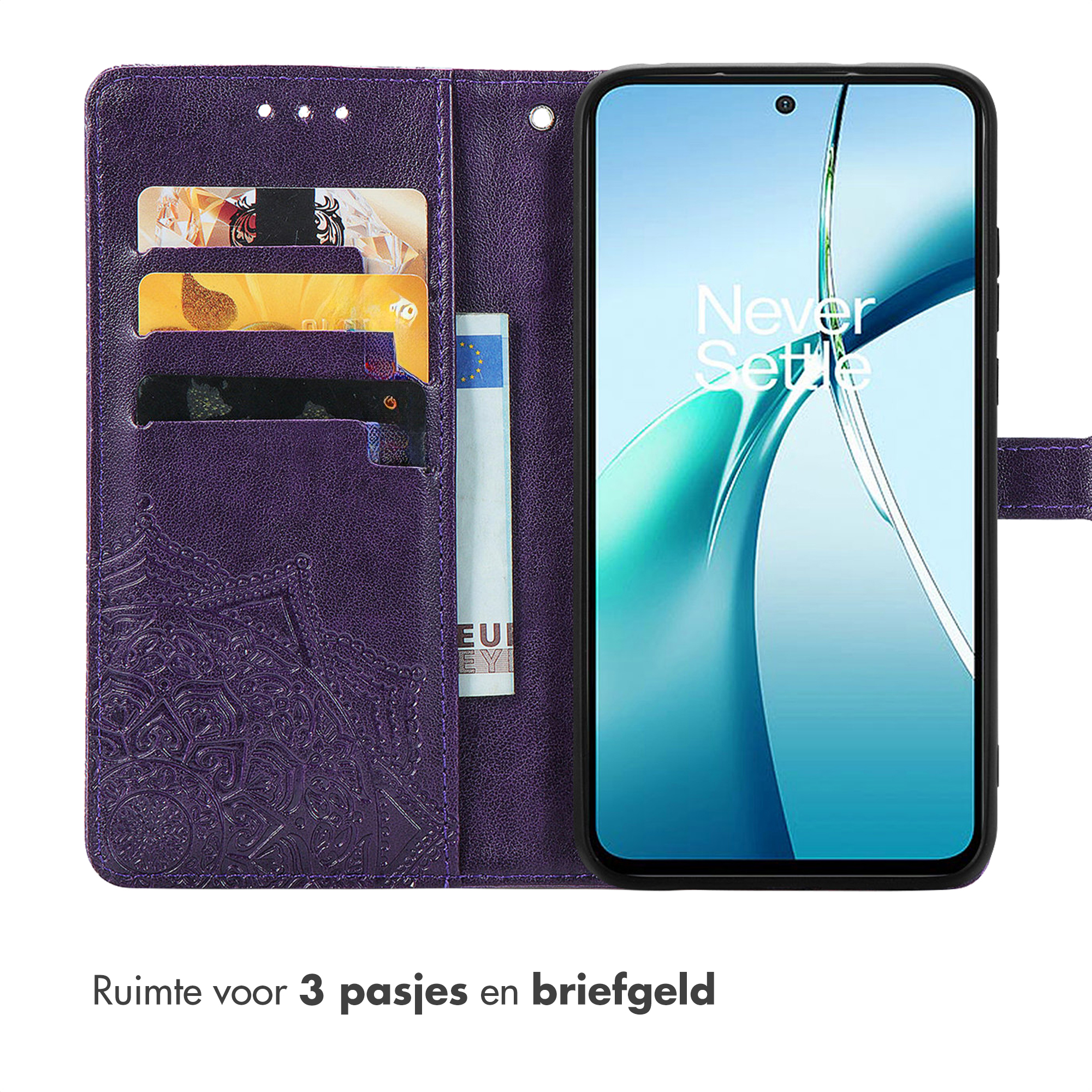 Paarse telefoonhoes met kaartsleuven en geldvak.