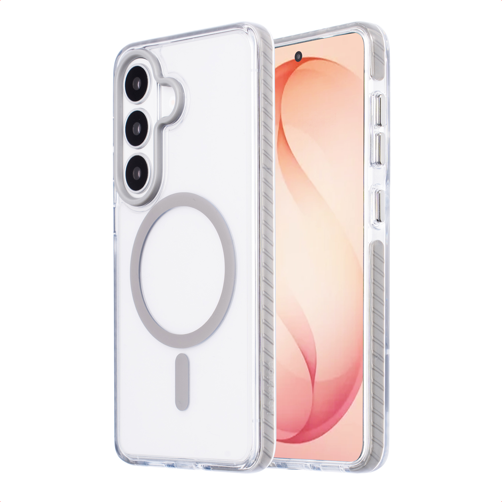 Een doorzichtige telefoonhoes met magneetring en telefoonscherm.