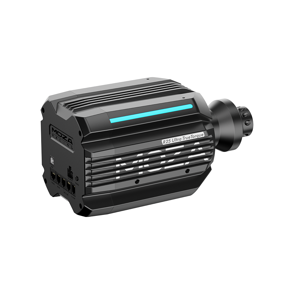 Black R25 Ultra True Torque Moza Racing wheel base with blue lights on top.