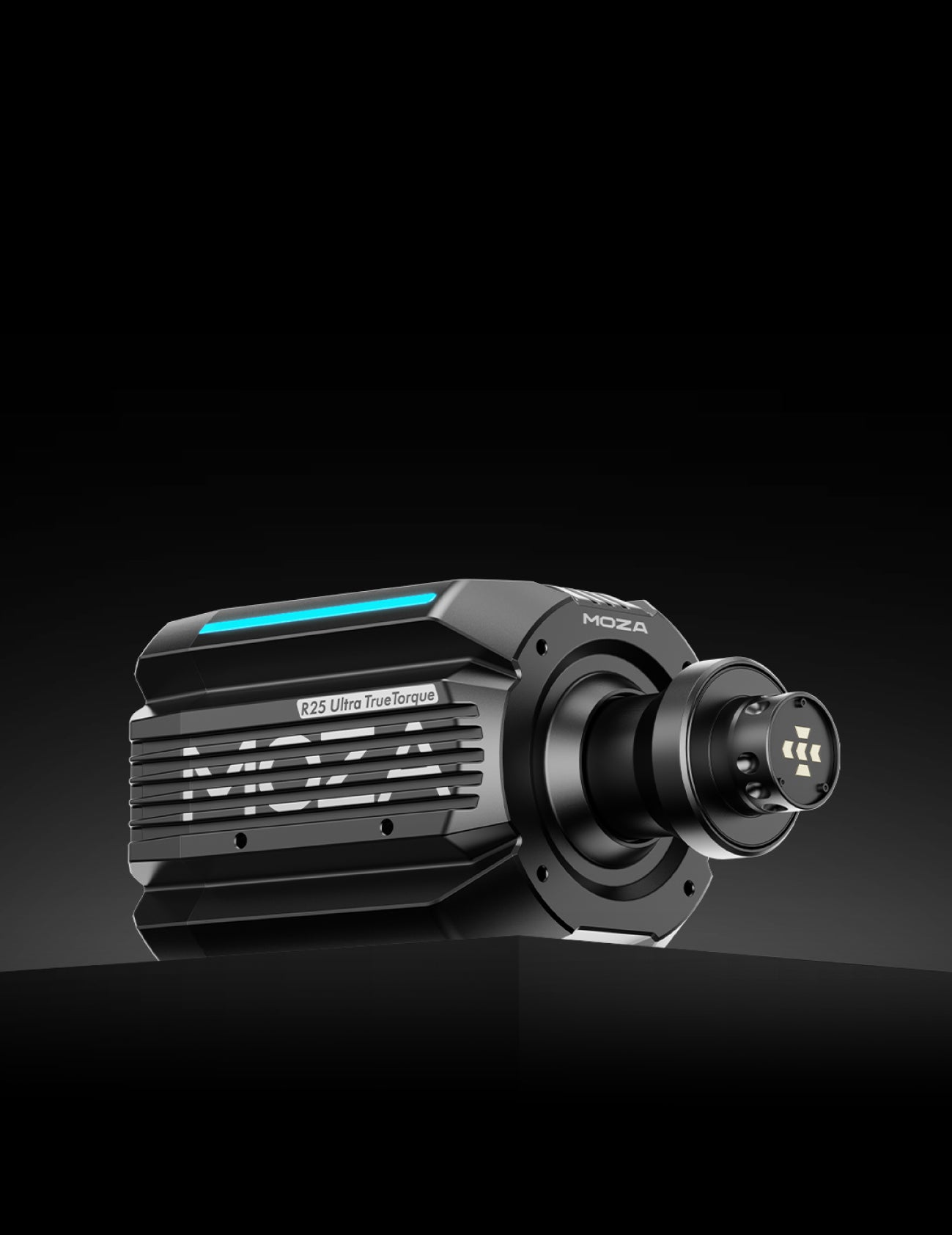 Une base de volant R25 Ultra True Torque noire avec une bande lumineuse LED bleue.