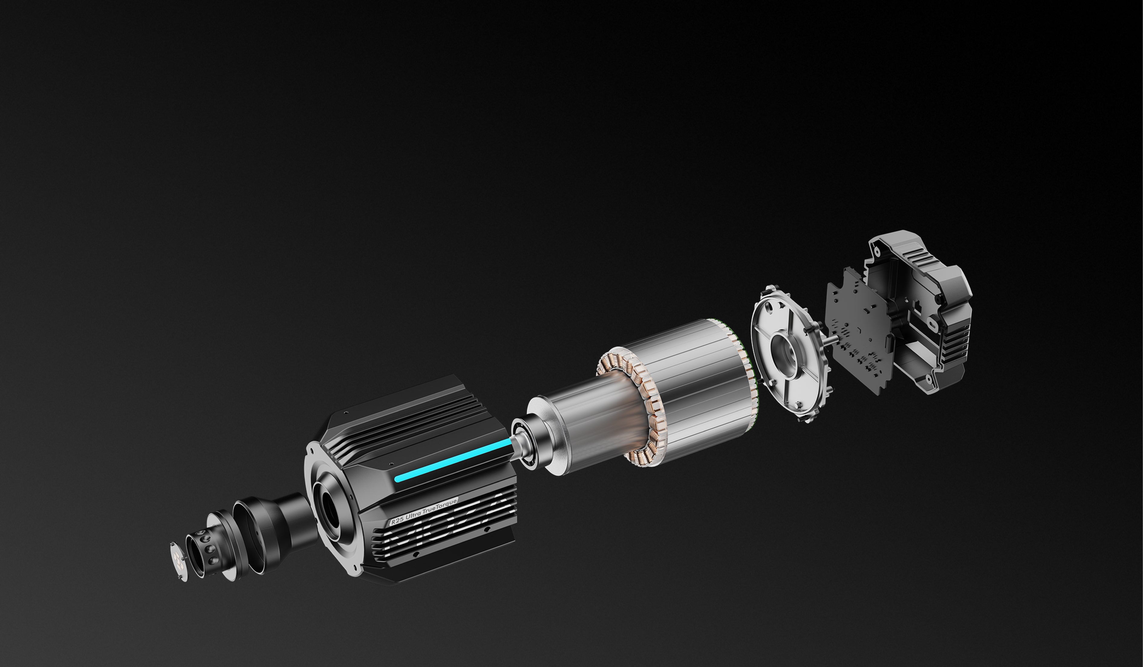 Vue éclatée d'un moteur, montrant rotor, stator et carter sur fond noir.