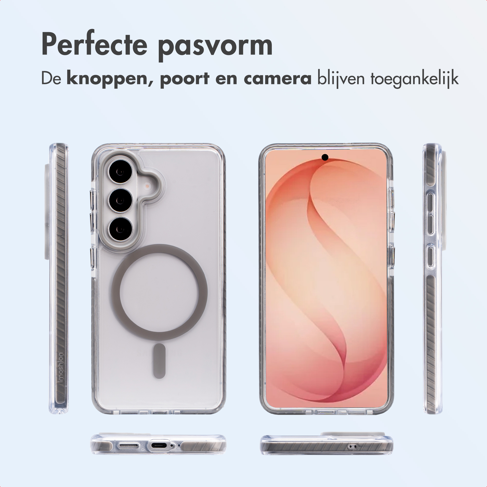 Transparante telefoonhoes met magneetring, toont voor- en achterkant.