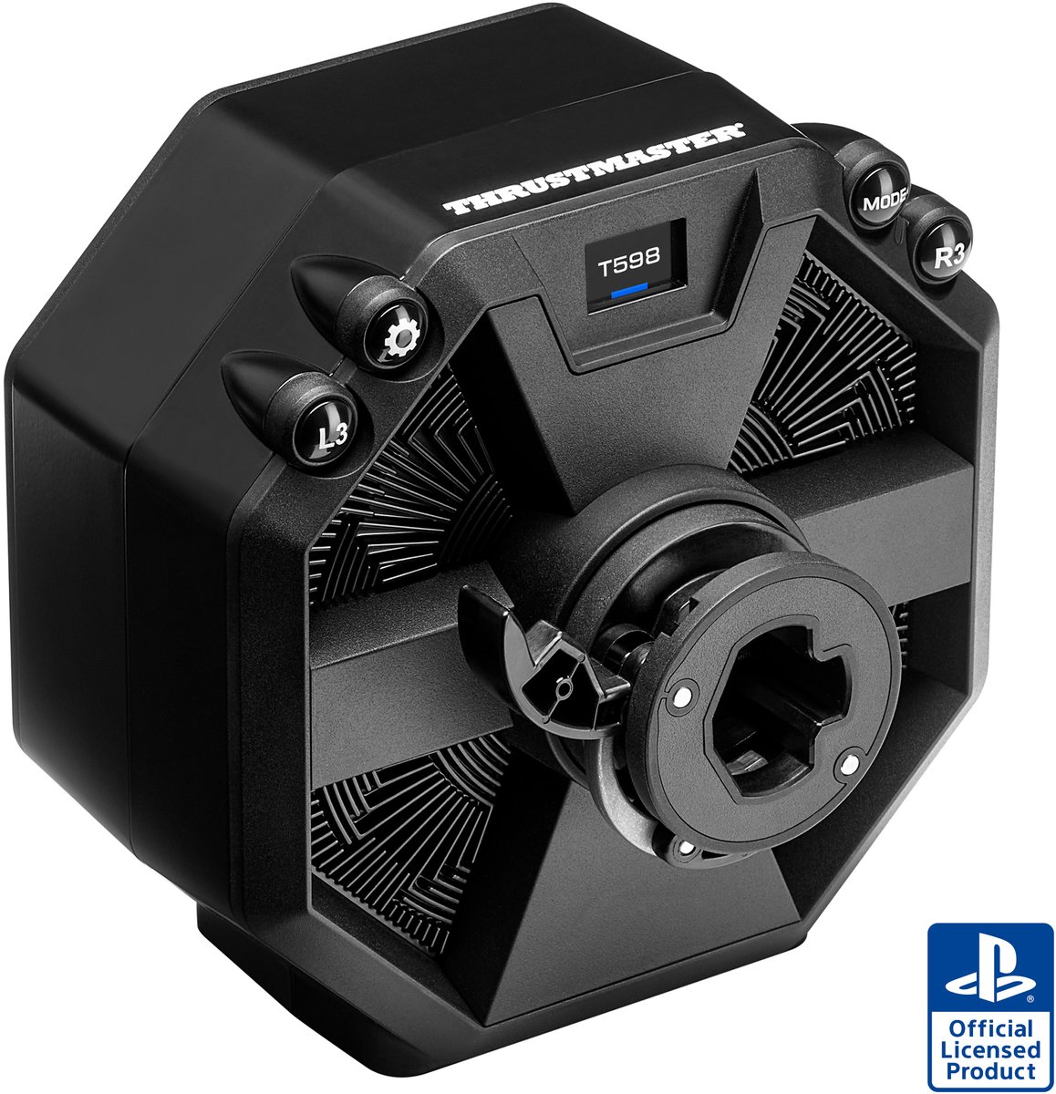 Base de volant Thrustmaster T598 noire avec boutons et écran.