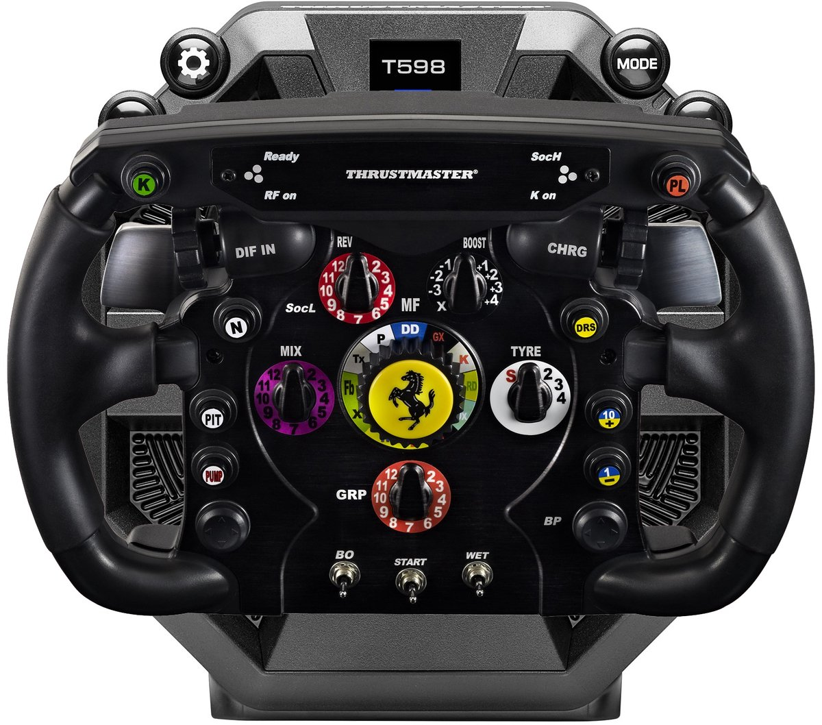 Un volant de course noir avec de nombreux boutons et un logo Ferrari.