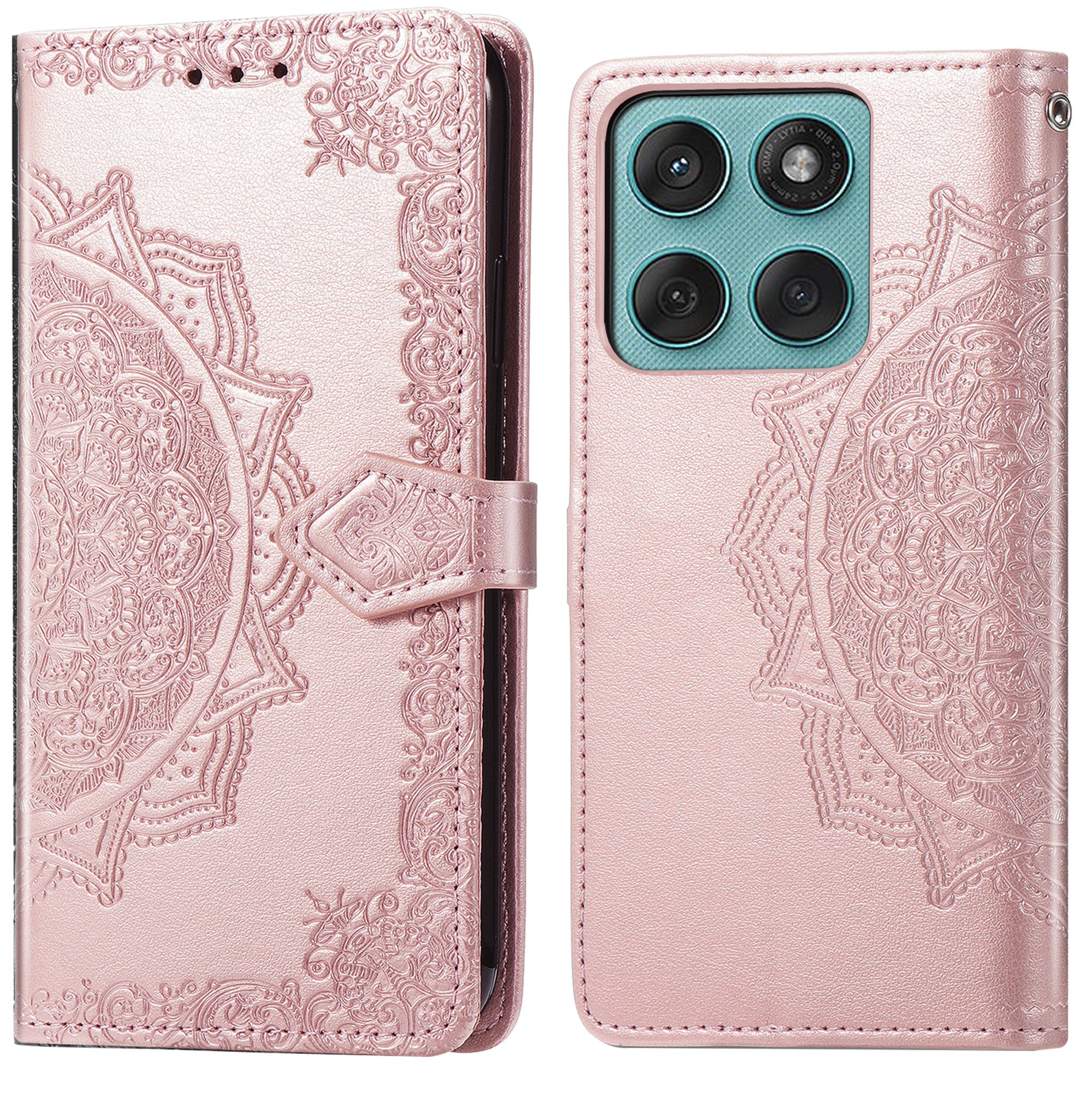 Roze telefoonhoes met reliëf mandala en cameramodule.