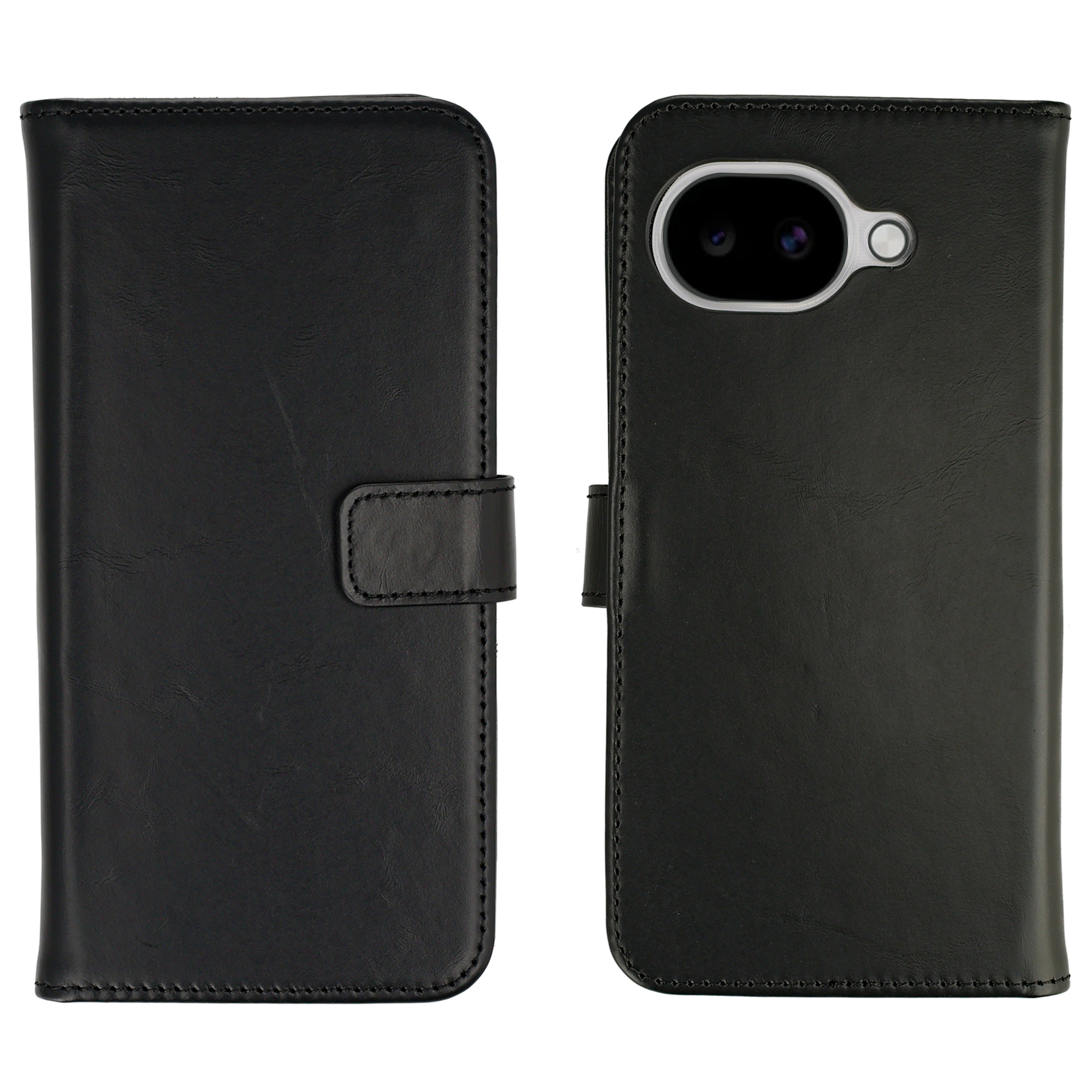 Étui de téléphone en cuir noir, fermé et ouvert, avec module caméra.