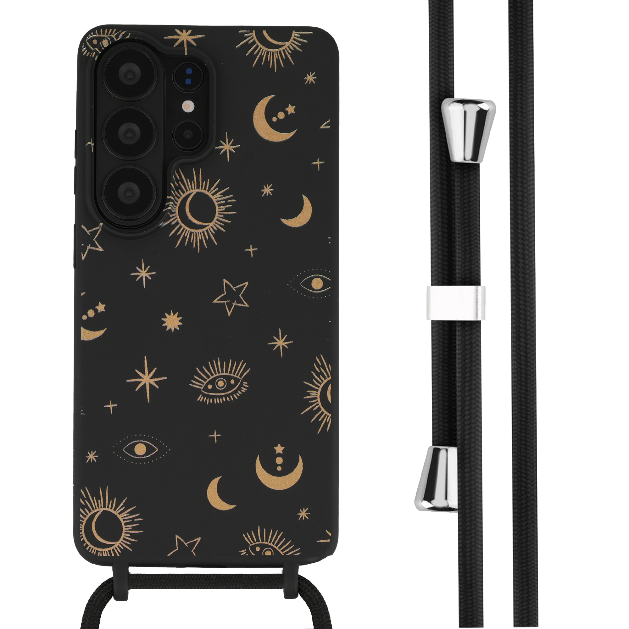 Zwart telefoonhoesje met goudkleurig hemelpatroon en zwarte lanyard lus.