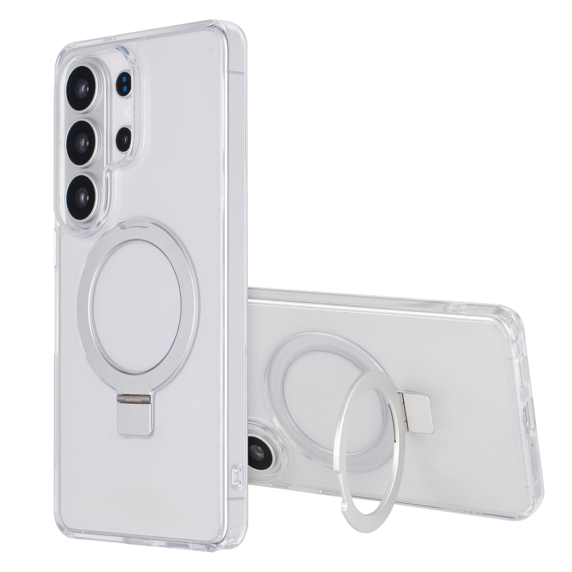 Transparante telefoonhoes met zilveren ringhouder, staand op witte achtergrond.