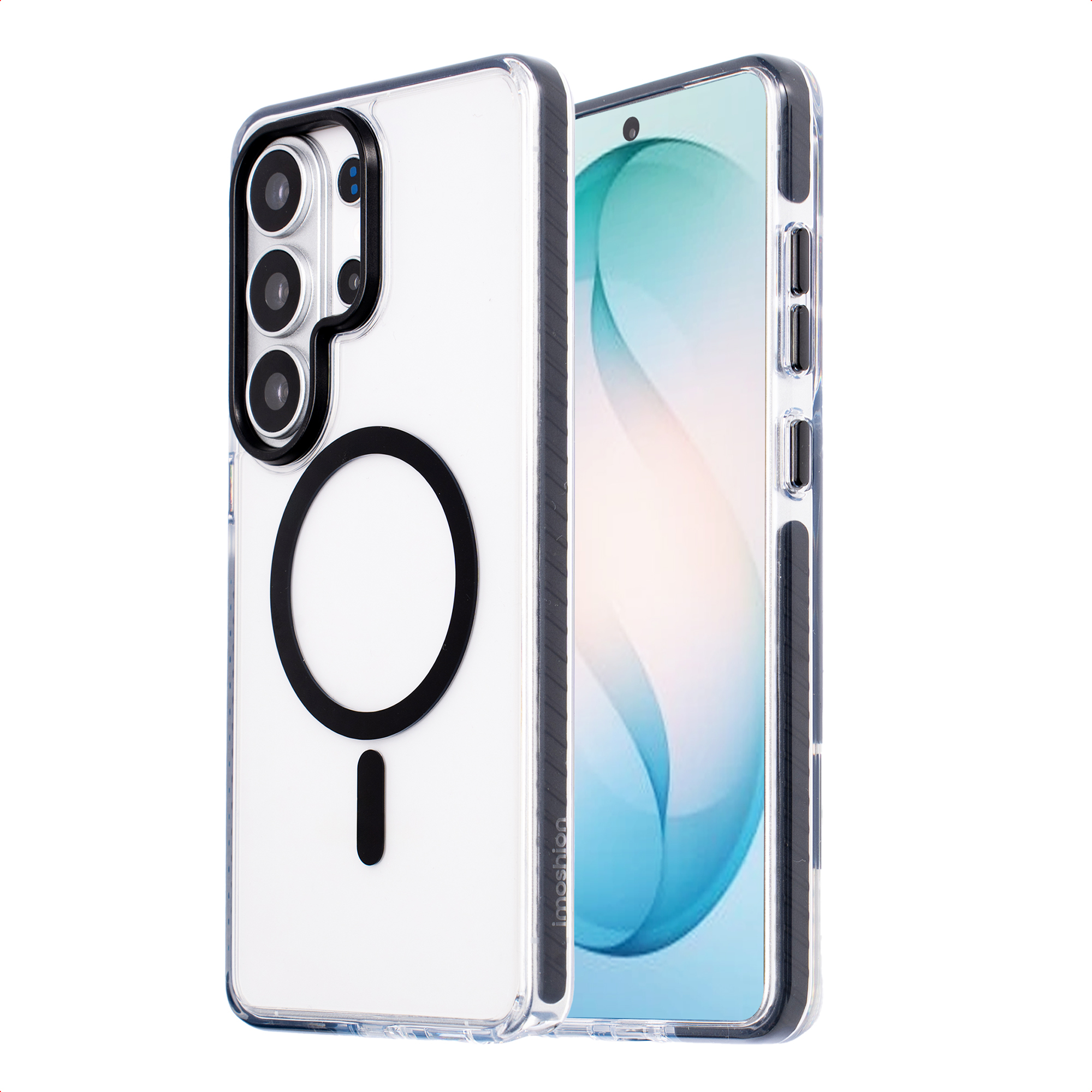 Doorzichtige telefoonhoes met MagSafe-ring en cameramodule.