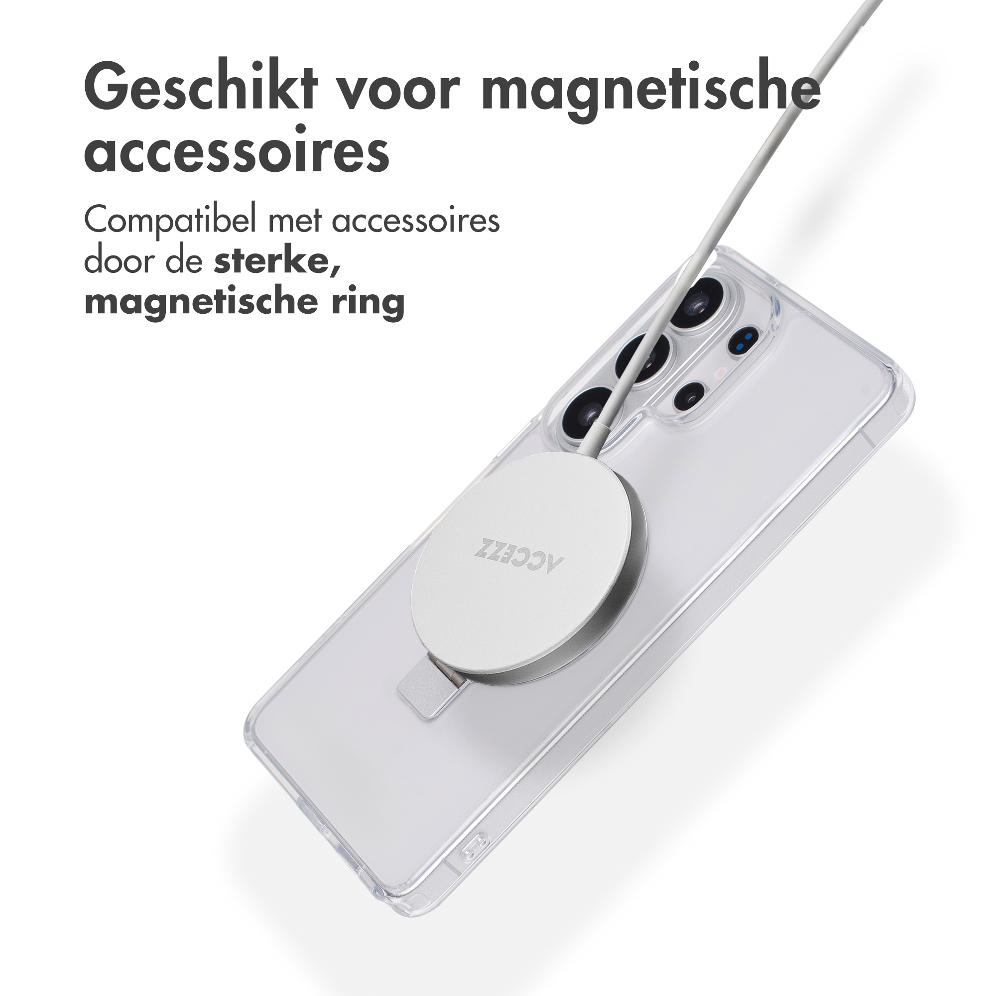 Transparante telefoon met witte magnetische ring en kabel.