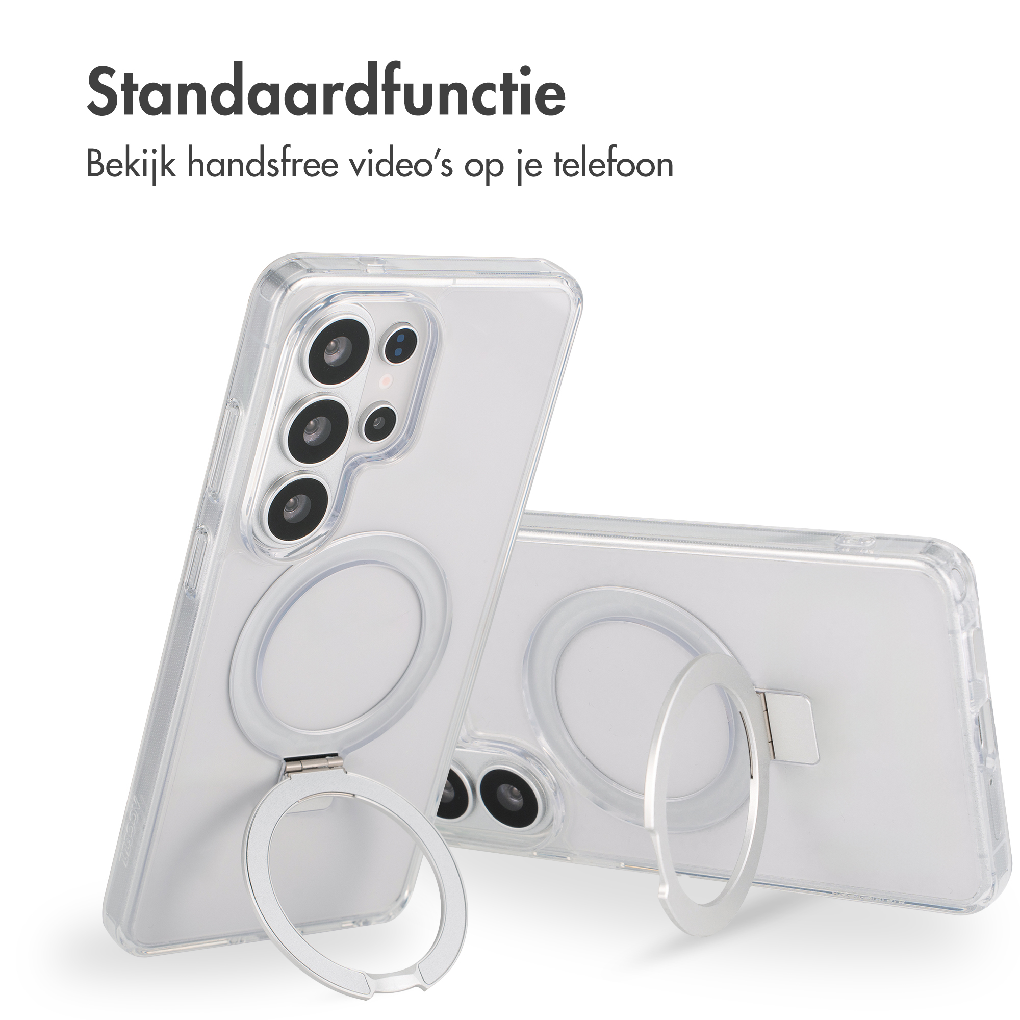 Doorzichtige telefoonhoes met zilveren ringstandaard, ideaal voor handsfree kijken.