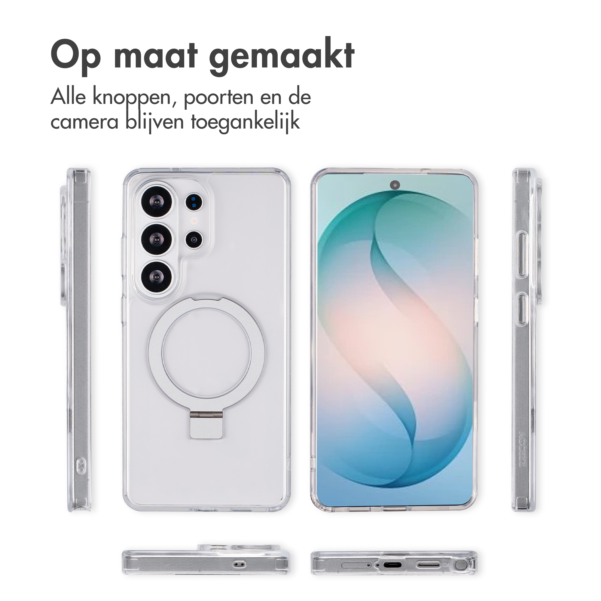 Doorzichtige telefoonhoes met camera, ringhouder en schermweergave.