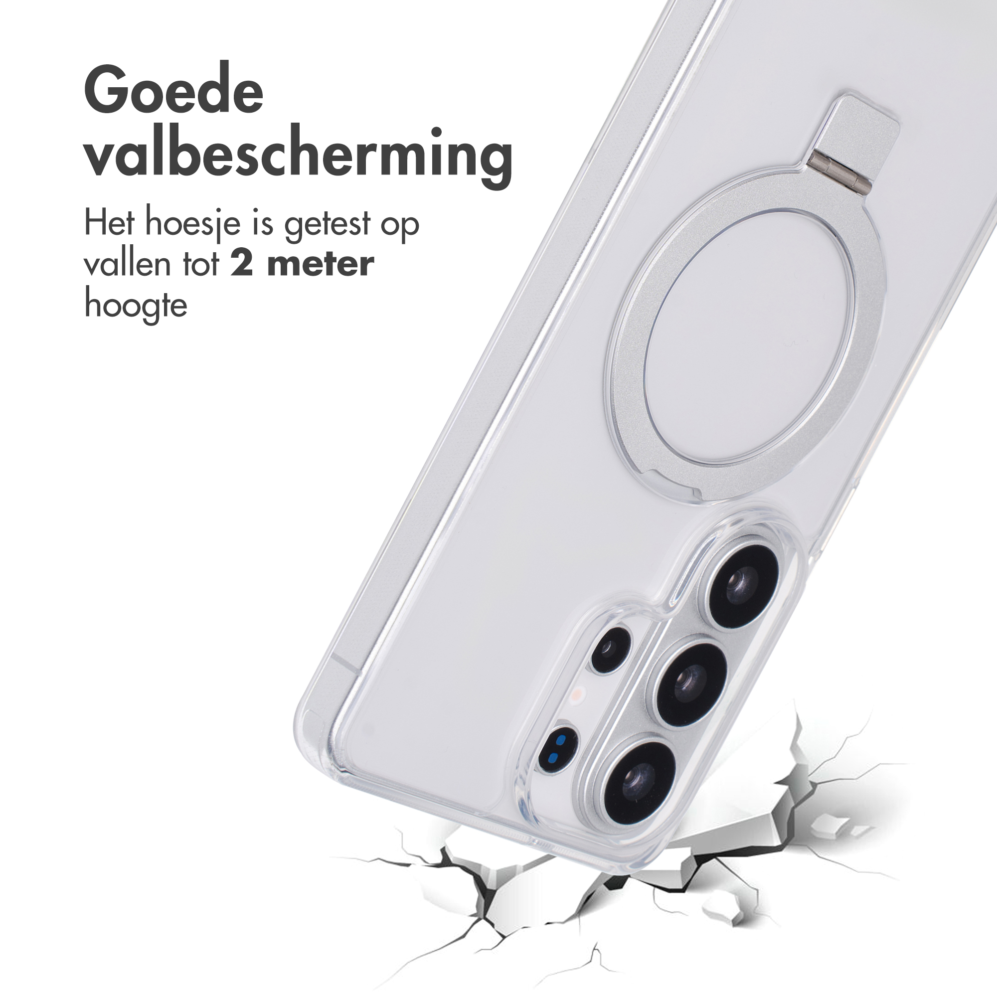 Transparante hoes met ring, getest op vallen tot 2 meter hoogte.