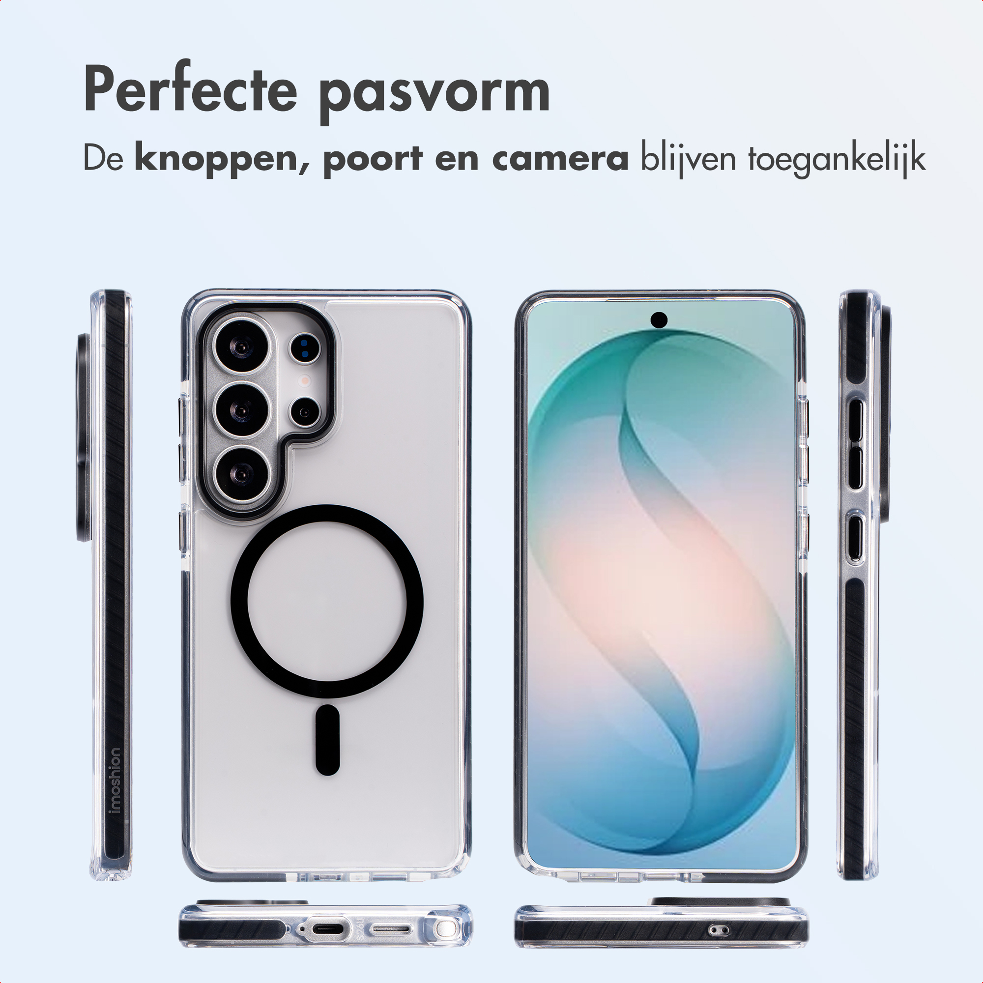 Doorzichtige telefoonhoes met MagSafe, met voor-, achter- en zijaanzichten.