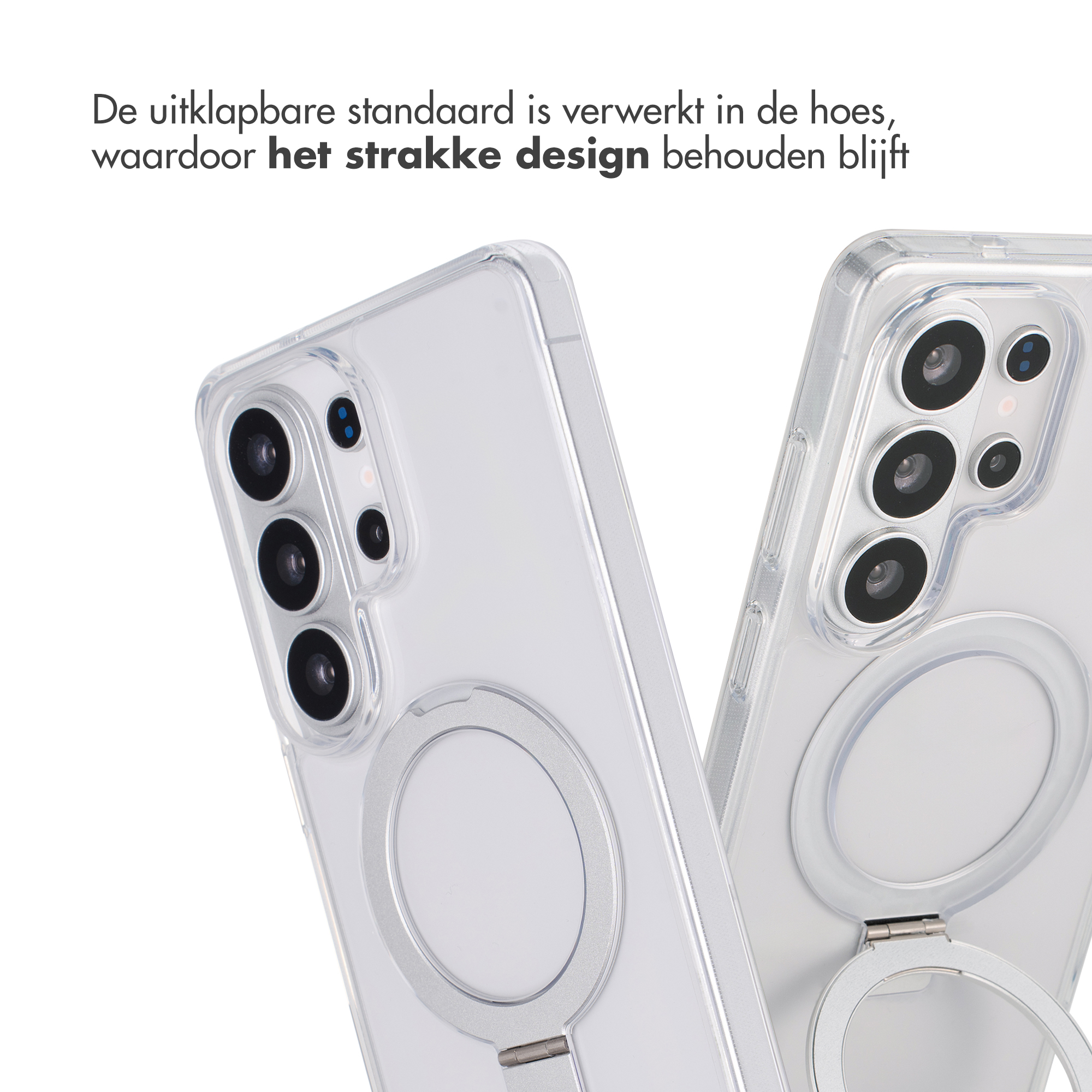 Twee doorzichtige telefoonhoesjes met camera's en ringstandaard.