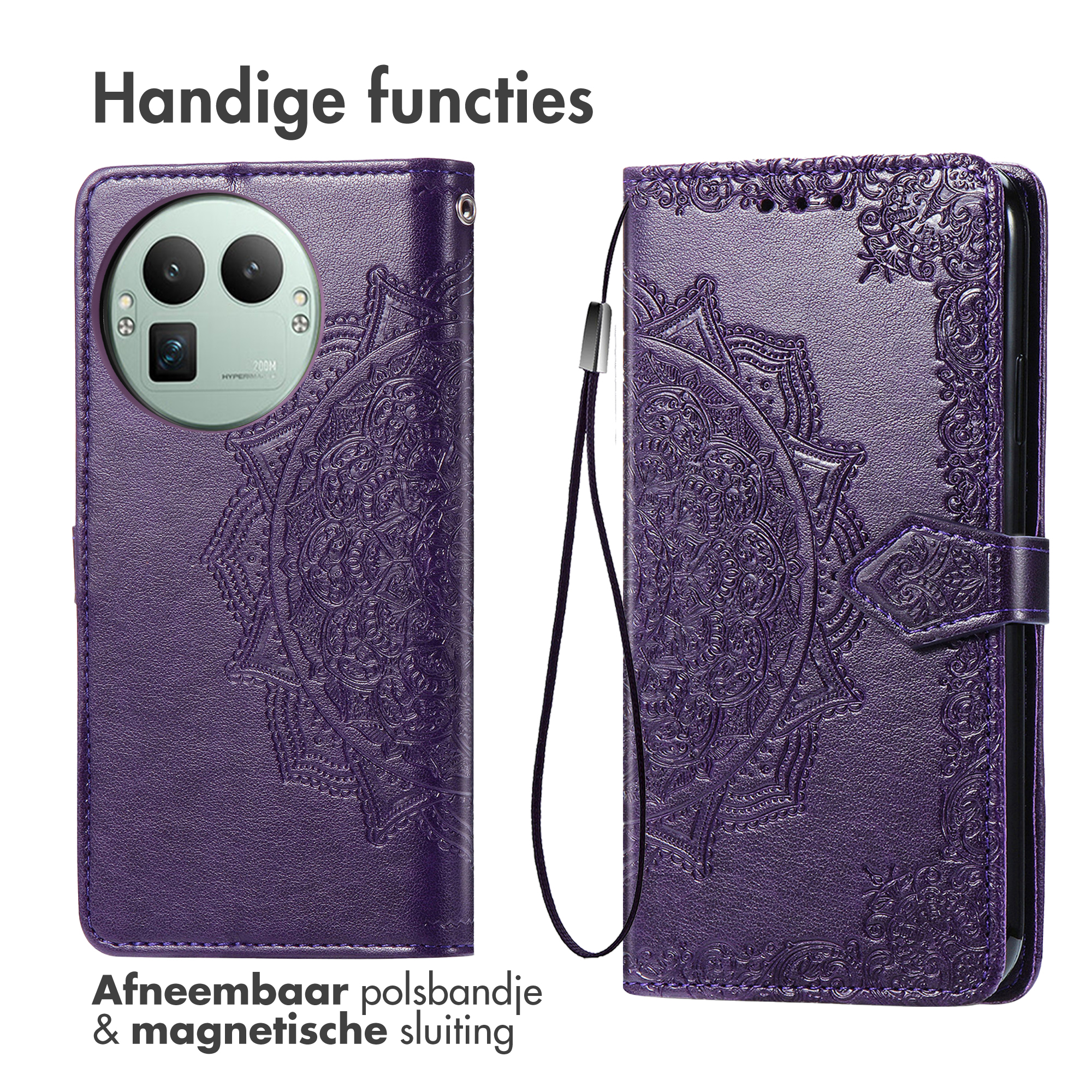 Paarse telefoonhoes met reliëf mandala en afneembare polsband.