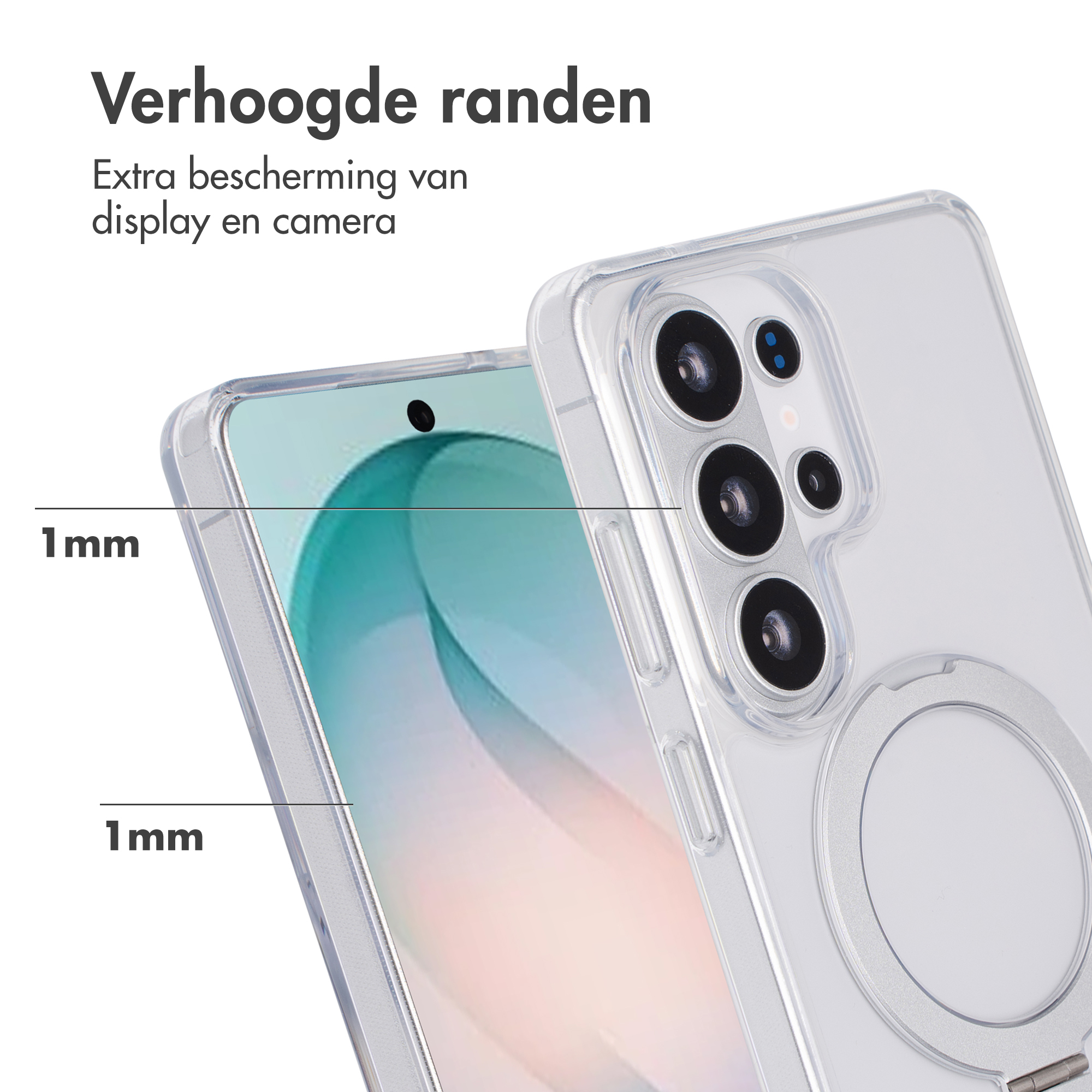 Een doorzichtige telefoonhoes met verhoogde randen voor scherm en camera.