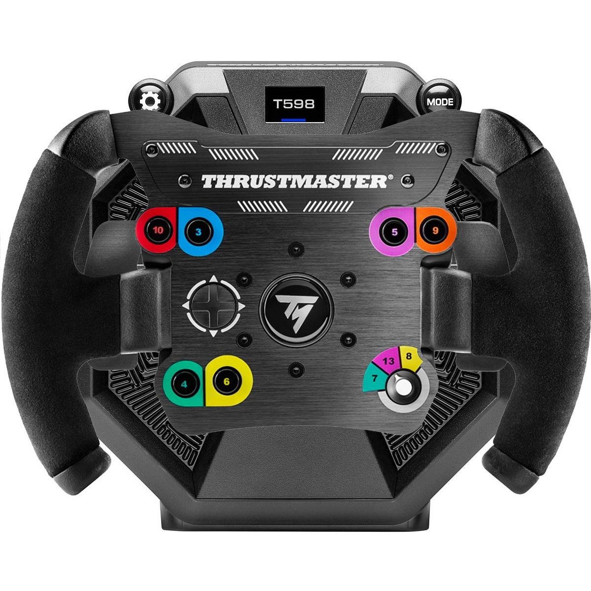 Un volant de course Thrustmaster noir avec de nombreux boutons colorés et un petit écran.