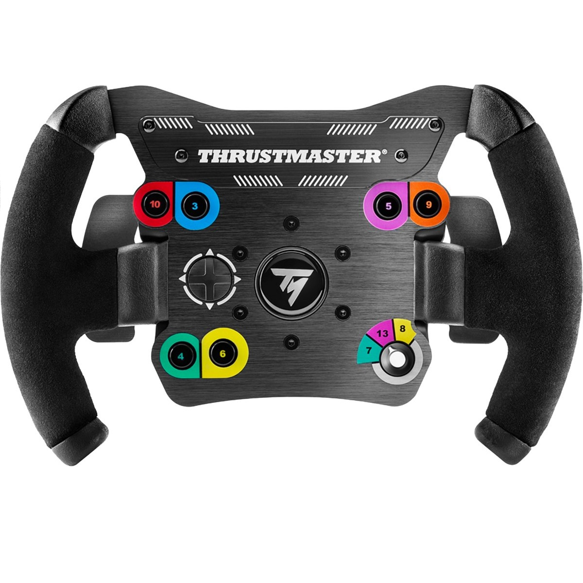 Un volant Thrustmaster noir avec des boutons colorés et le logo Thrustmaster.
