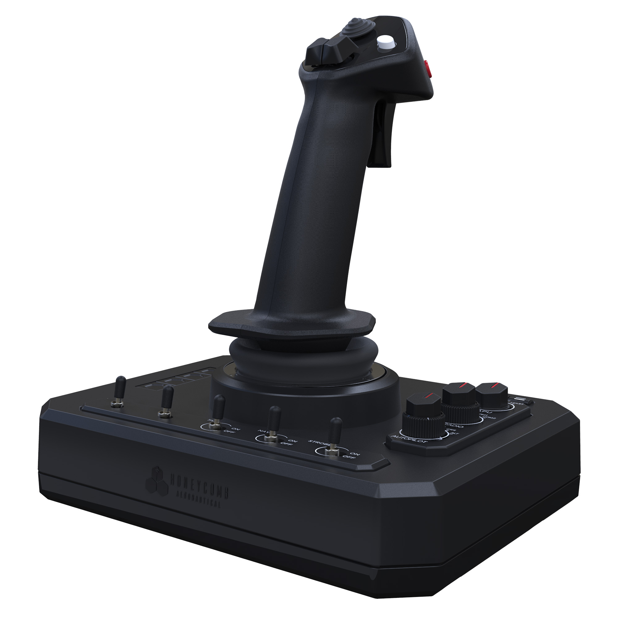 Black flight simulator joystick with many buttons and switches on a base.