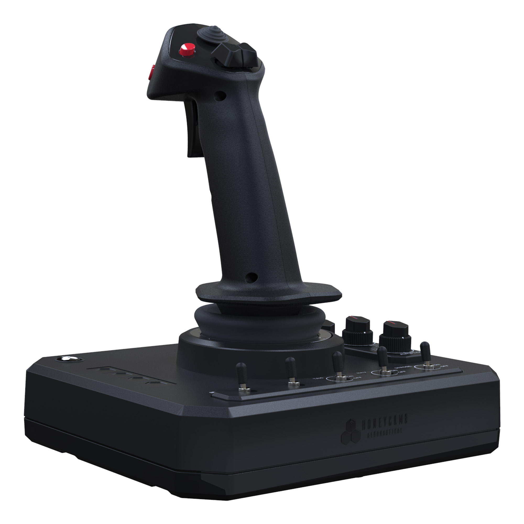 A black joystick with red accents and numerous buttons on a rectangular base.