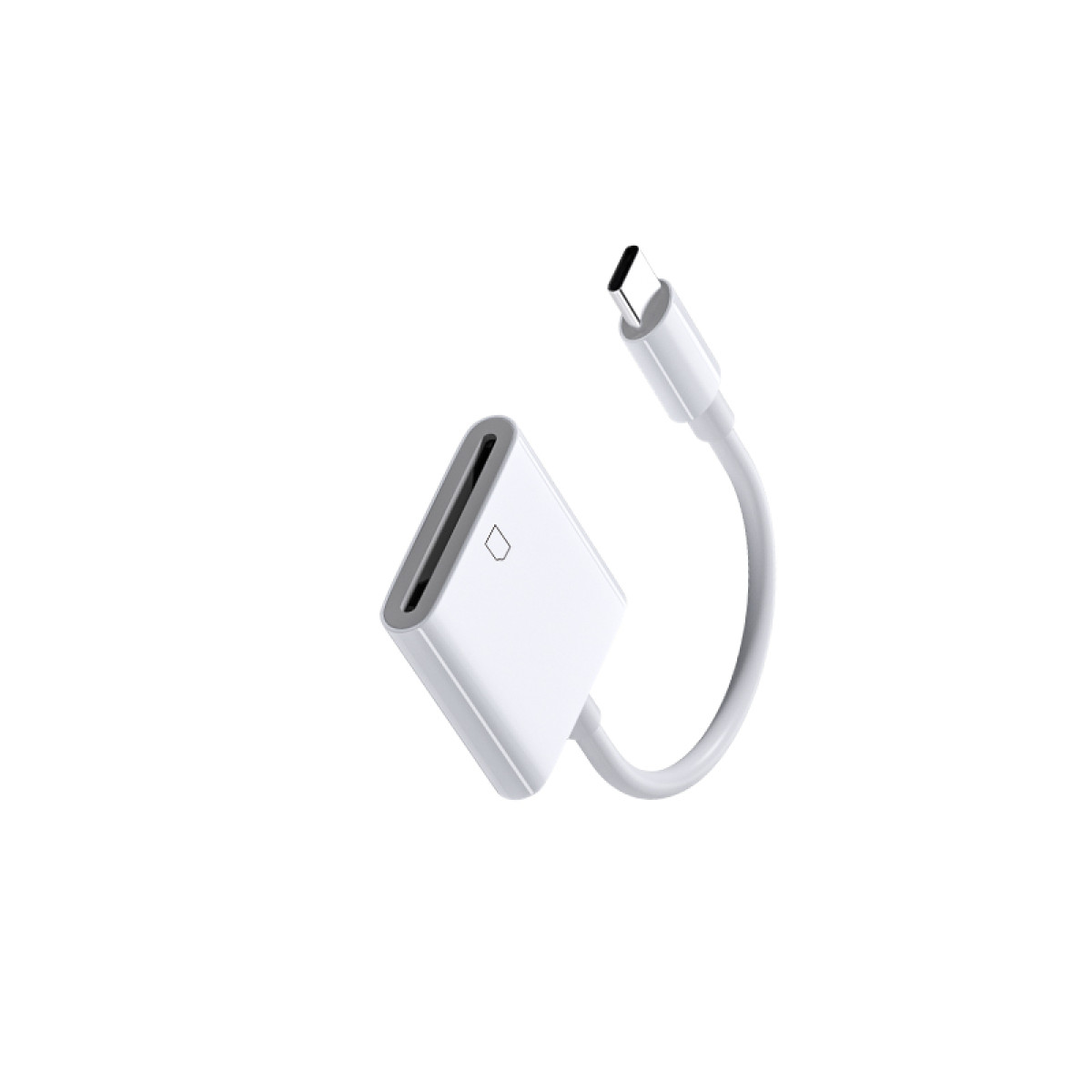 Biały czytnik kart USB-C z zakrzywionym kablem na białym tle.