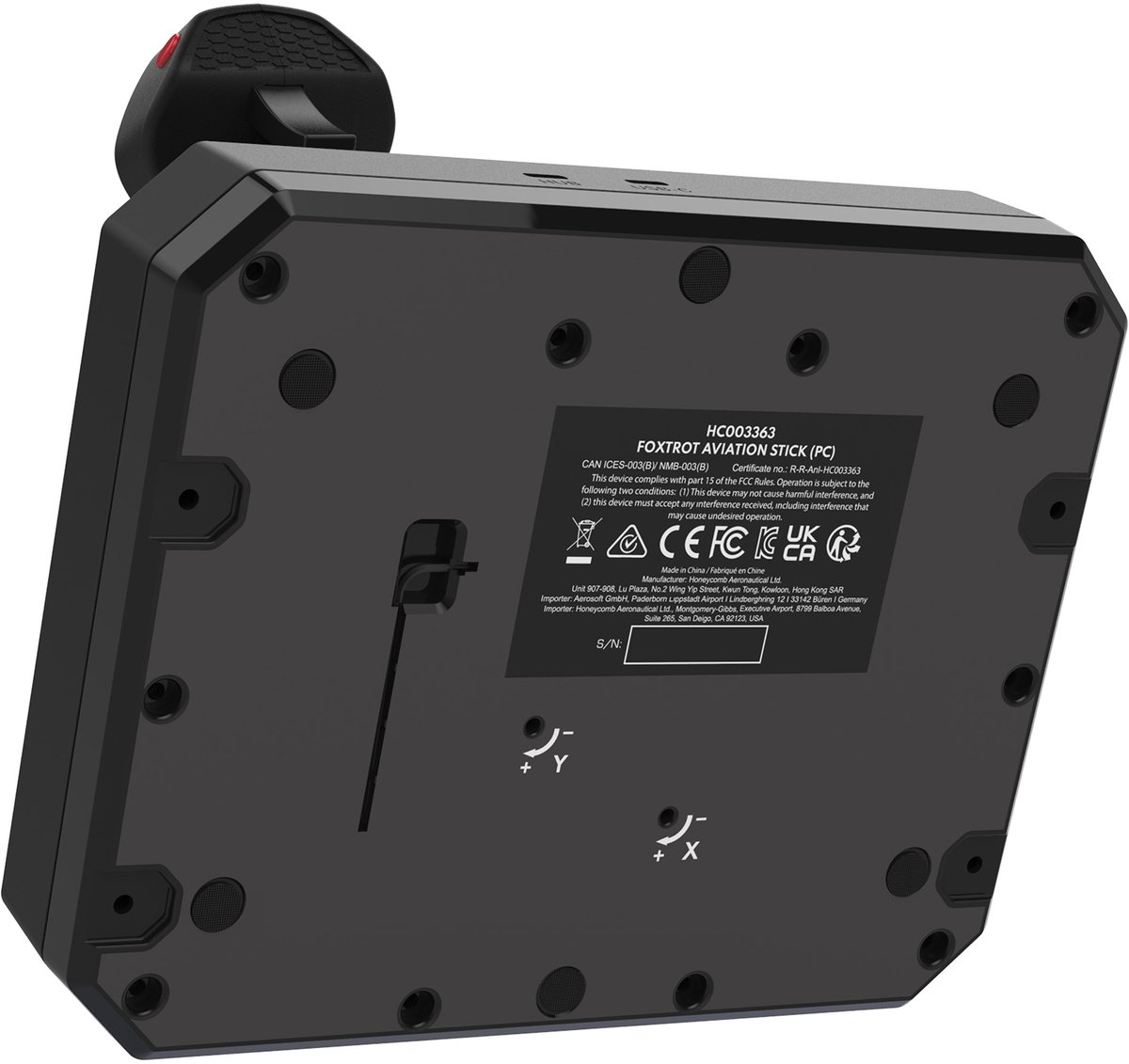 Bottom view of a black flight stick controller with CE and FCC certifications.