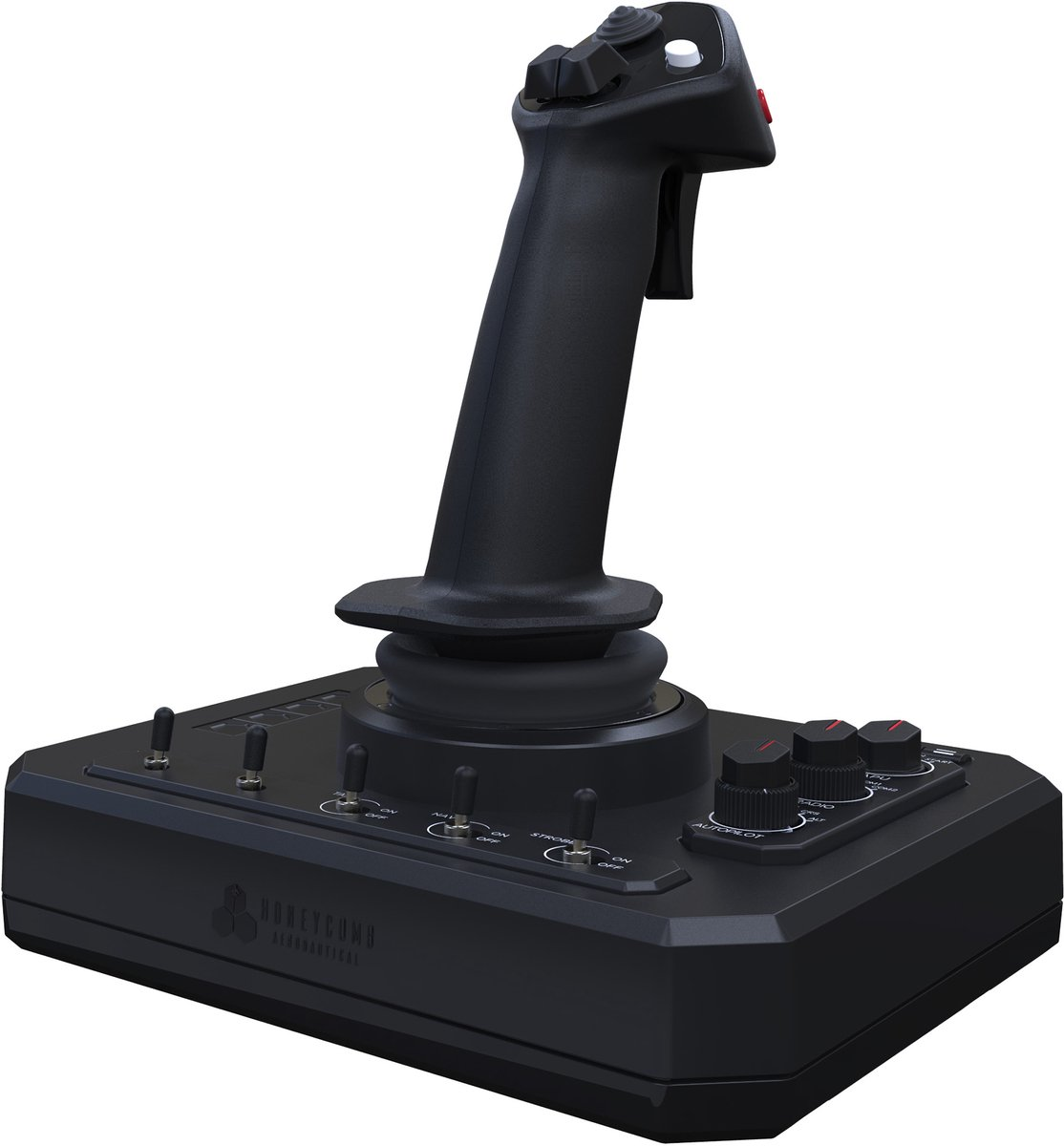 Black flight simulator joystick with switches and knobs on a base.
