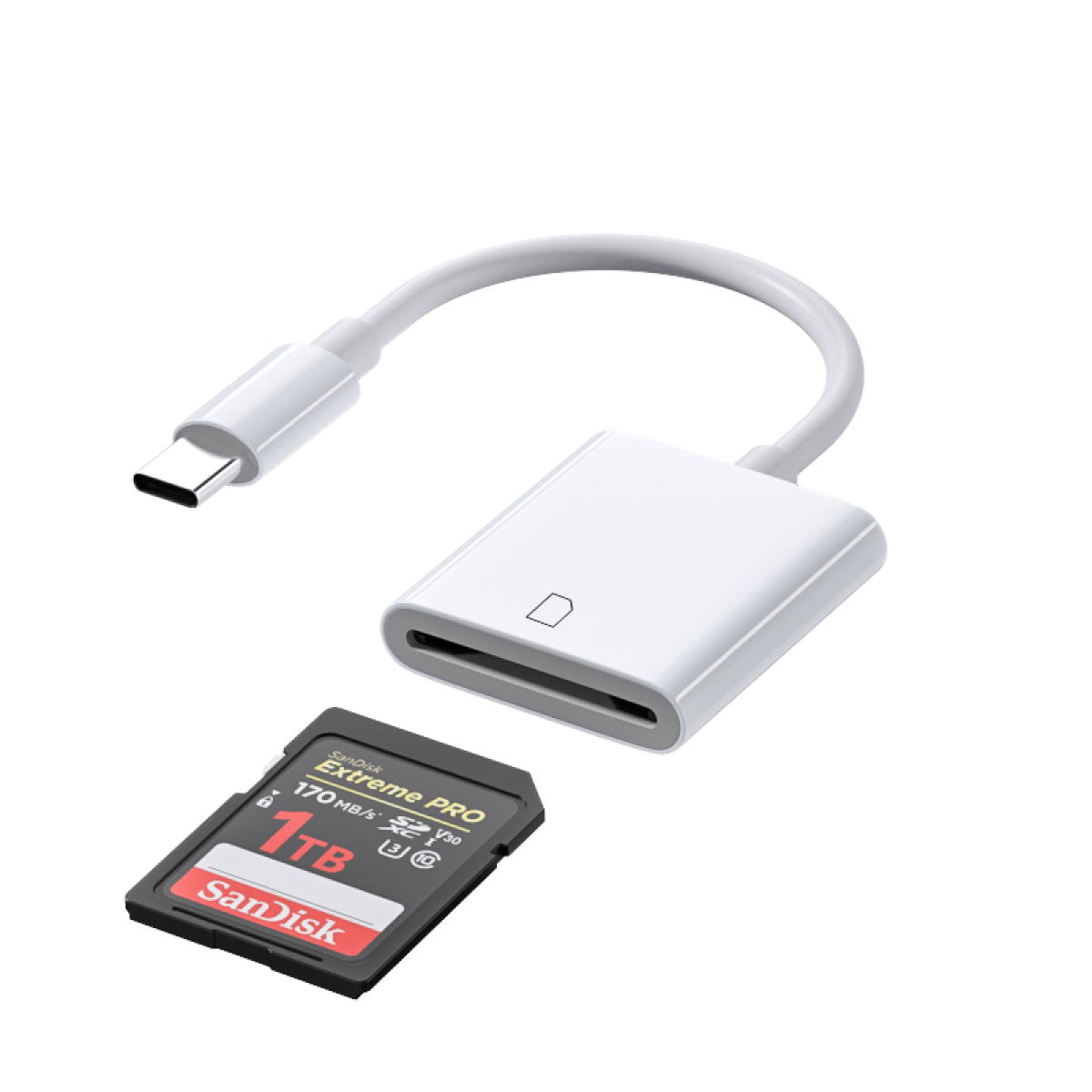 Biały czytnik kart USB-C z kartą pamięci SD 1TB obok.