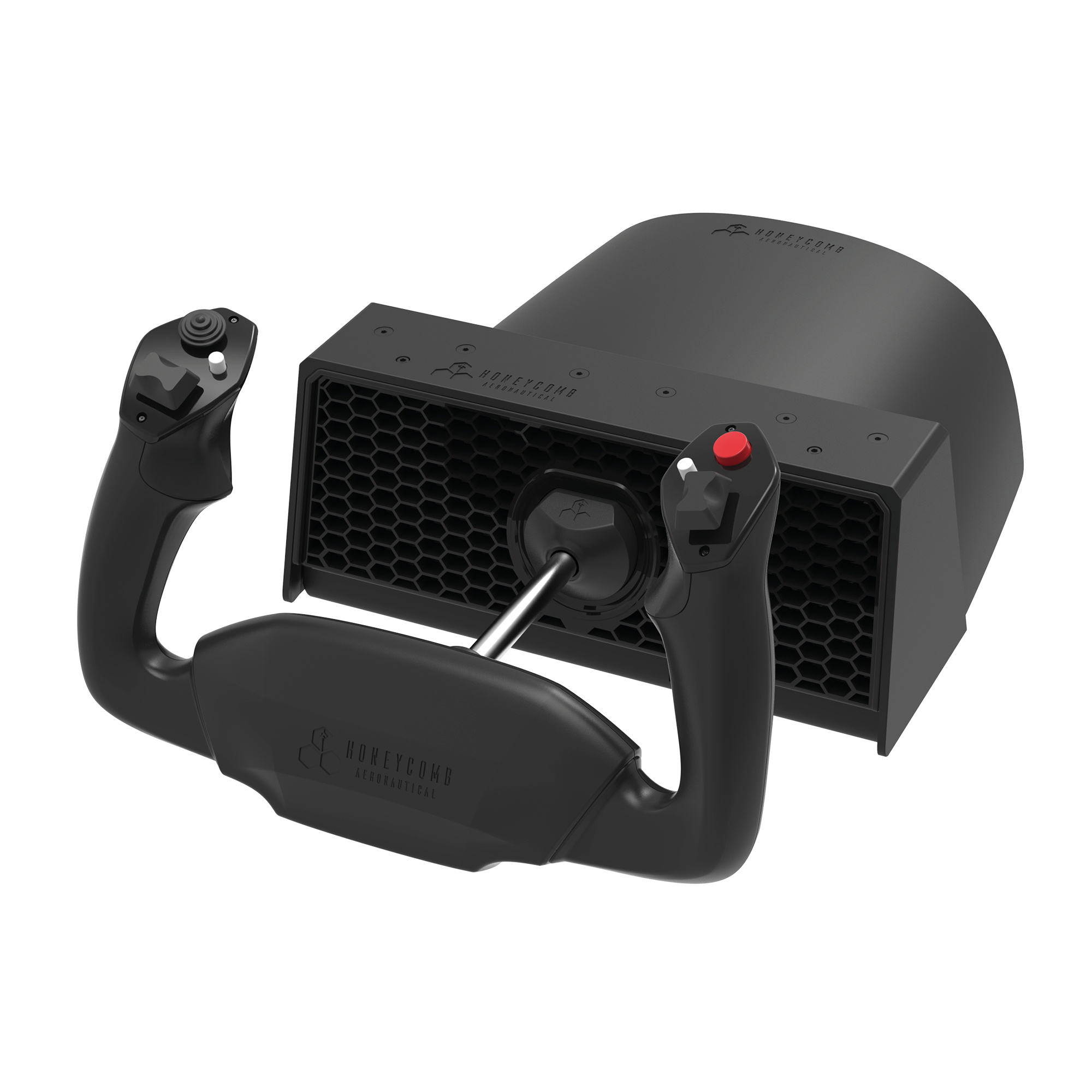 A black flight simulator yoke with red and white buttons on a white background.