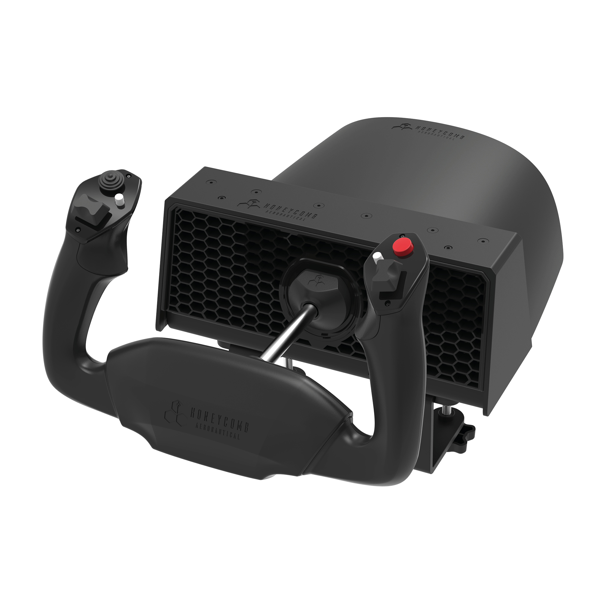 A black flight simulator yoke with grips, buttons, and a red button.