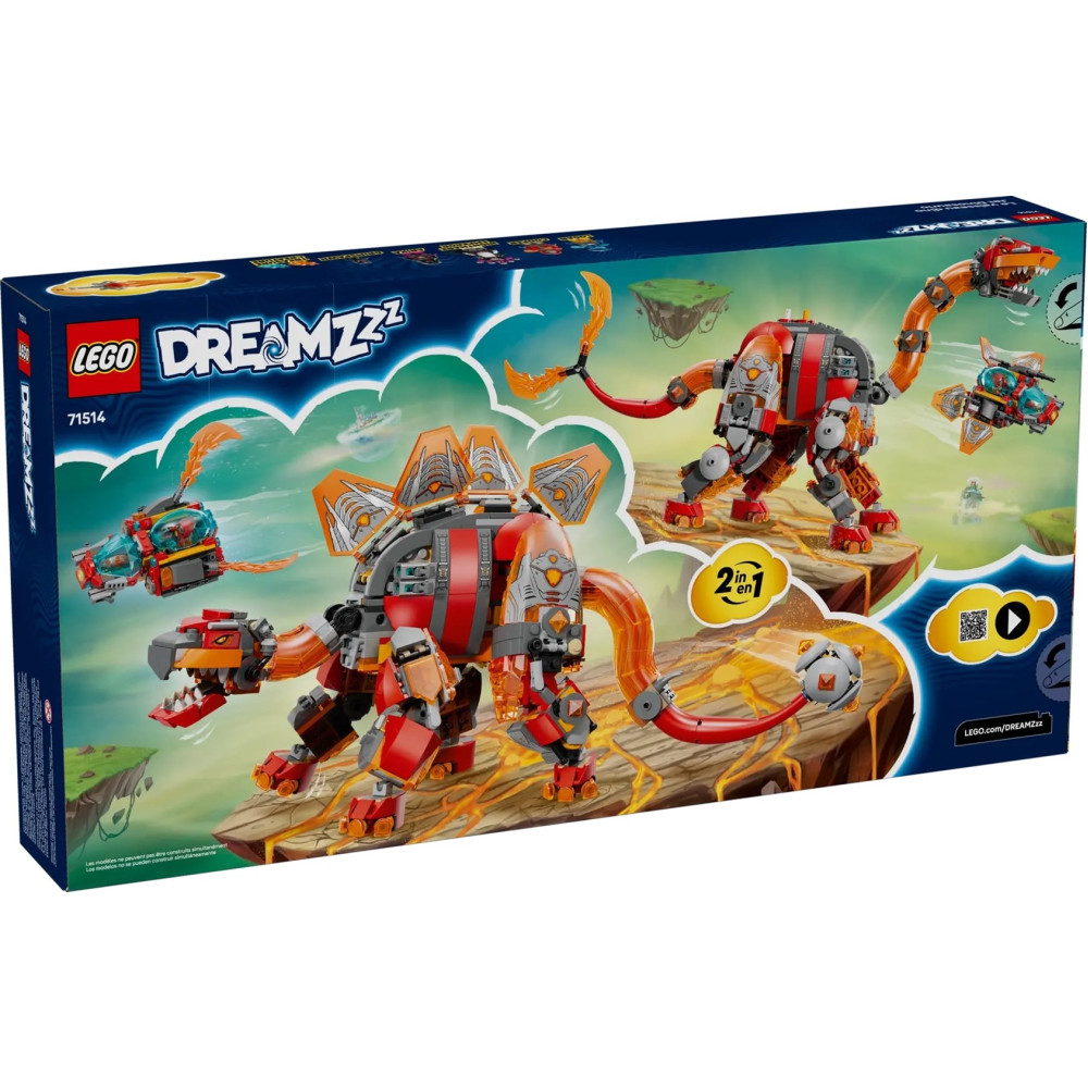Pudełko LEGO DREAMZzz z dwoma czerwonymi, szarymi i pomarańczowymi robotami-dinozaurami.