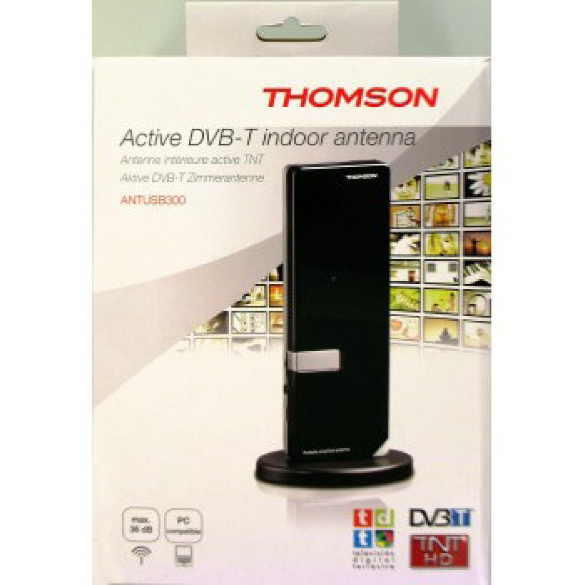 Thomson DVB-T Antenne in schwarzer Verpackung mit Bildern von Fernsehkanälen.
