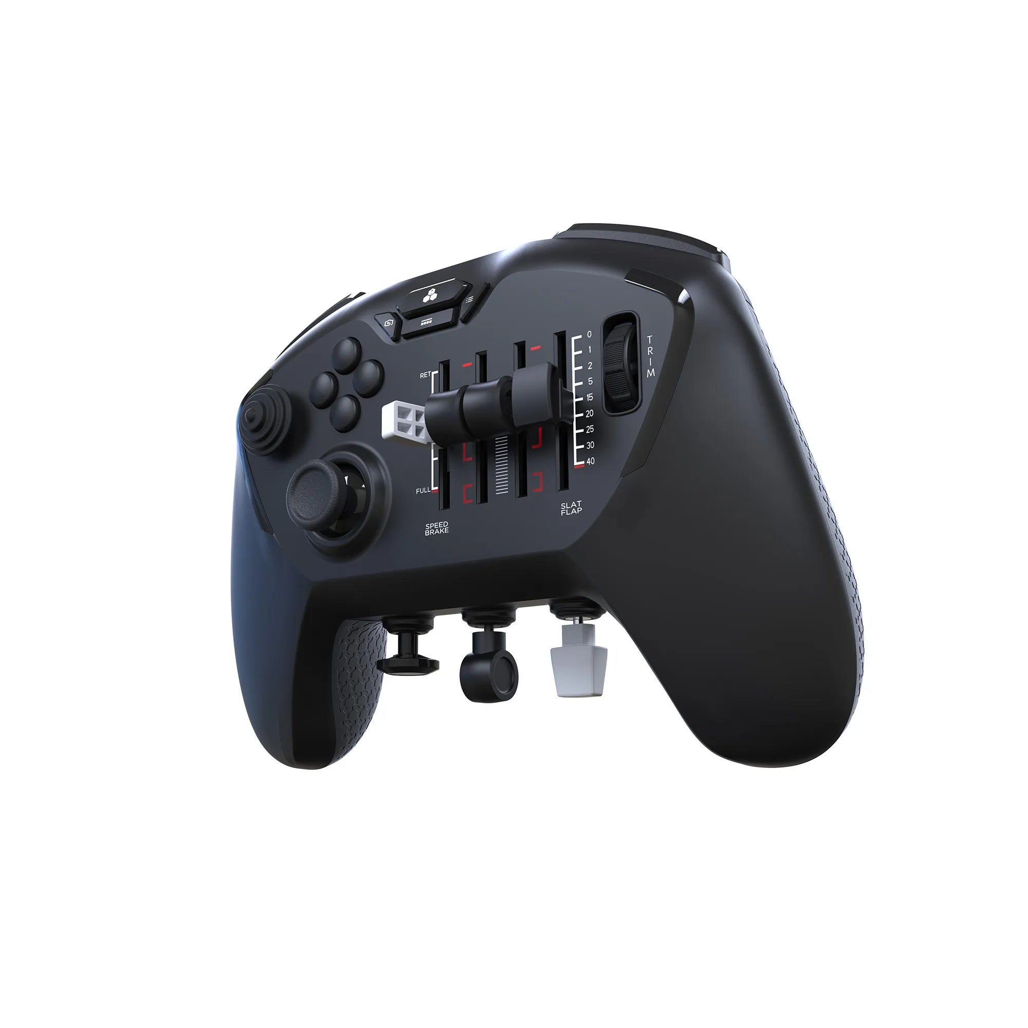 Schwarzer Flugsimulator-Controller mit Joysticks, Schiebereglern und Knöpfen.