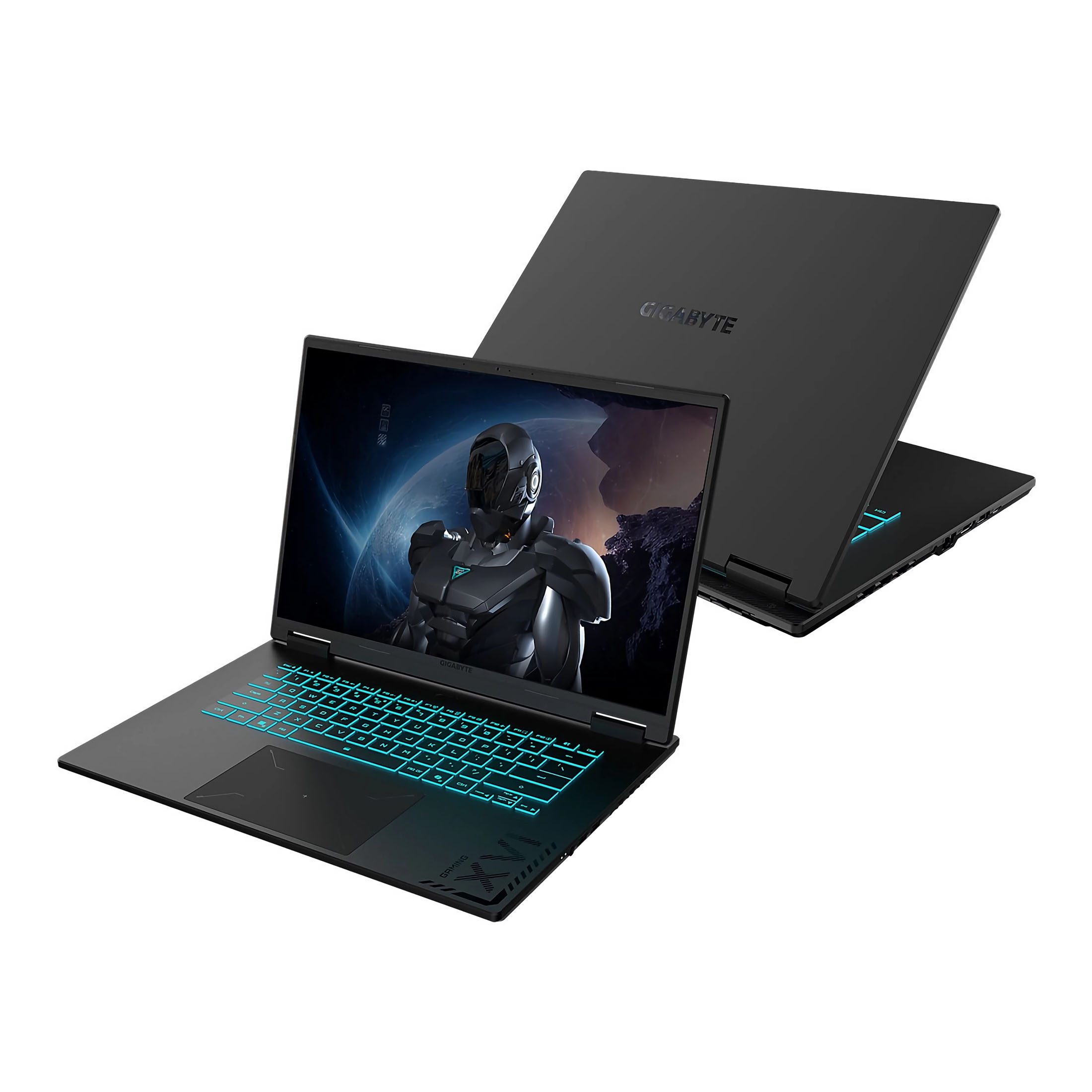 Schwarzer Laptop mit leuchtend blauer Tastatur, geöffnet und gezeigt.