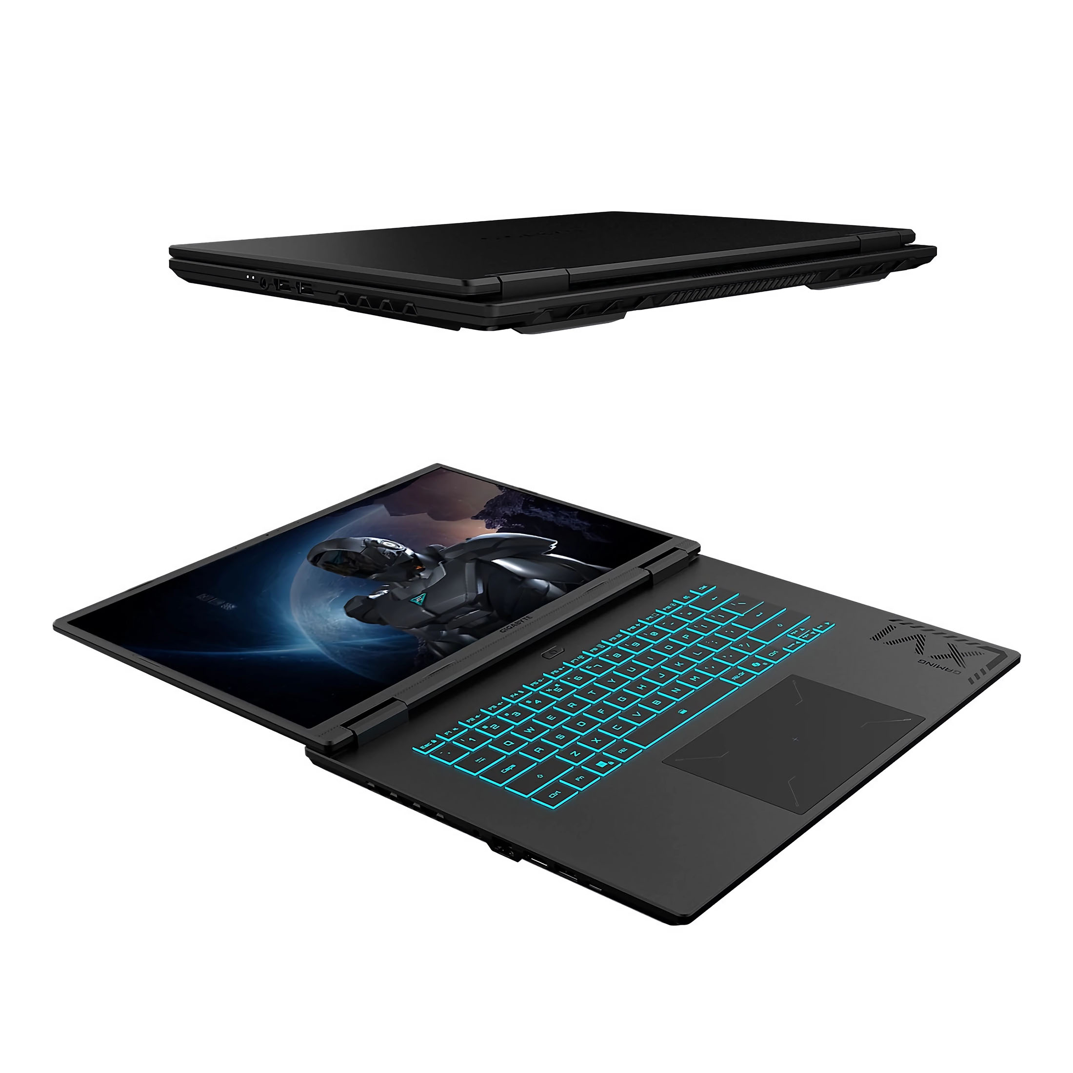 Ein geschlossener und ein geöffneter schwarzer Laptop mit blauer Tastaturbeleuchtung.