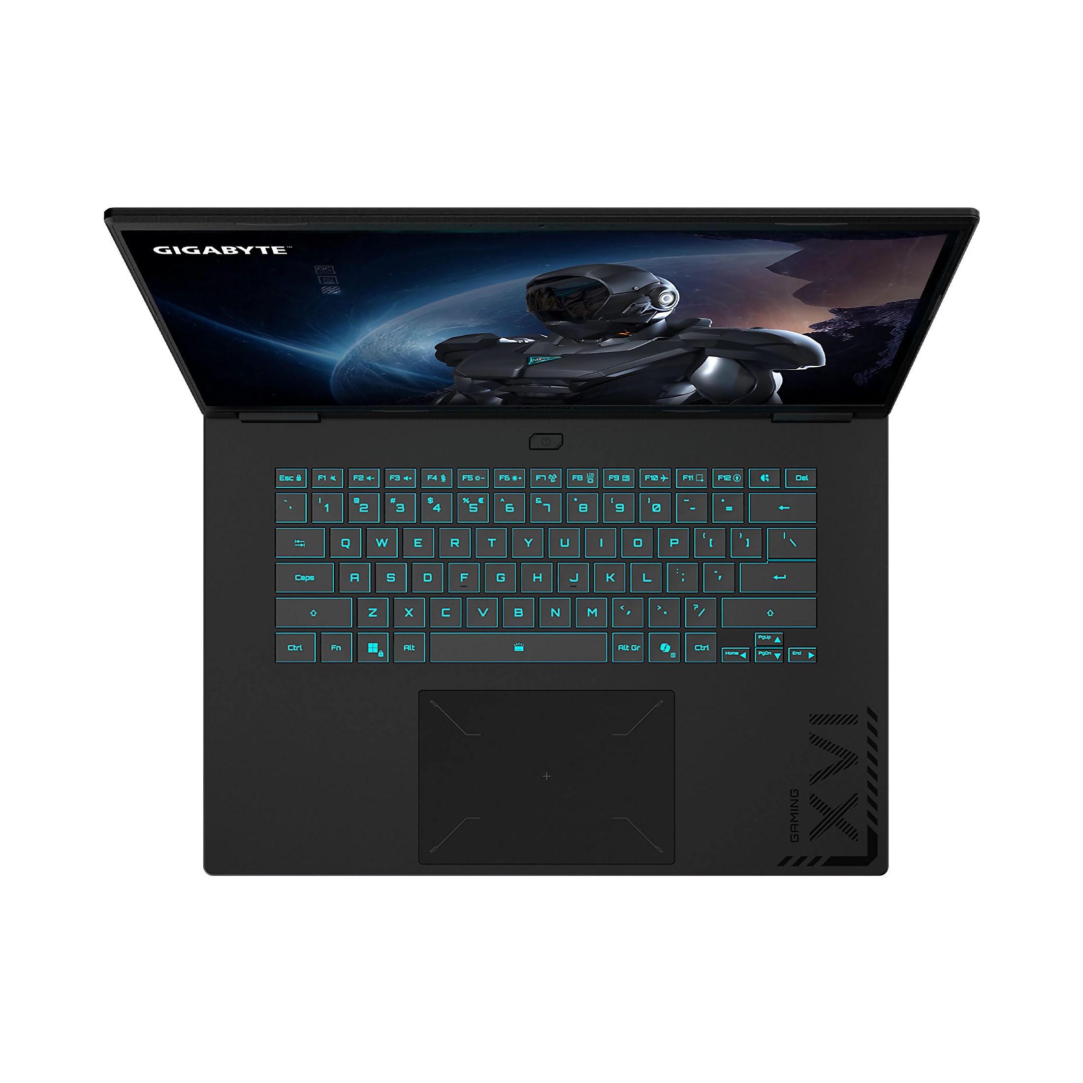 Schwarzer Gigabyte Gaming-Laptop mit leuchtend blauer Tastatur und futuristischer Bildschirmkunst.