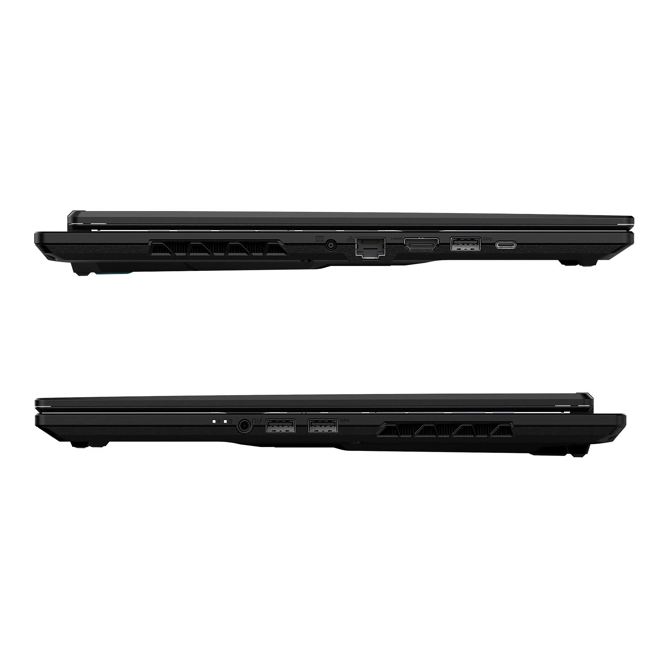Oben und unten ein schwarzer Laptop mit Anschlüssen an der Seite.