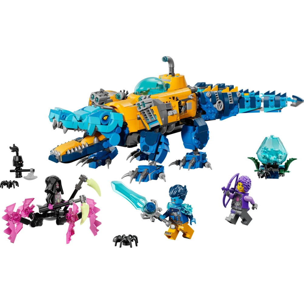 Żółto-niebieski mech krokodyl Lego z minifigurkami i pająkami.
