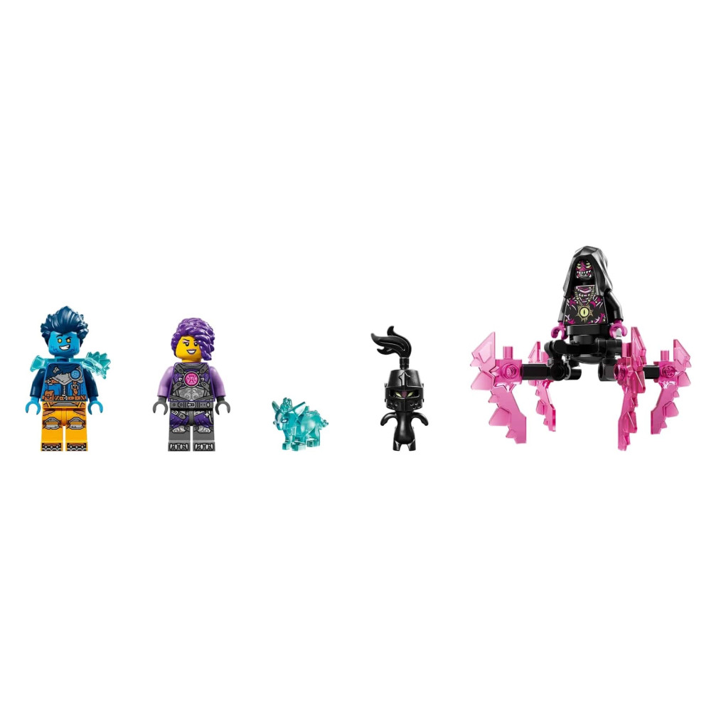 Figurki LEGO: Mężczyzna z niebieskimi włosami, kobieta z fioletowymi, małe stworzenie, ninja, tron.