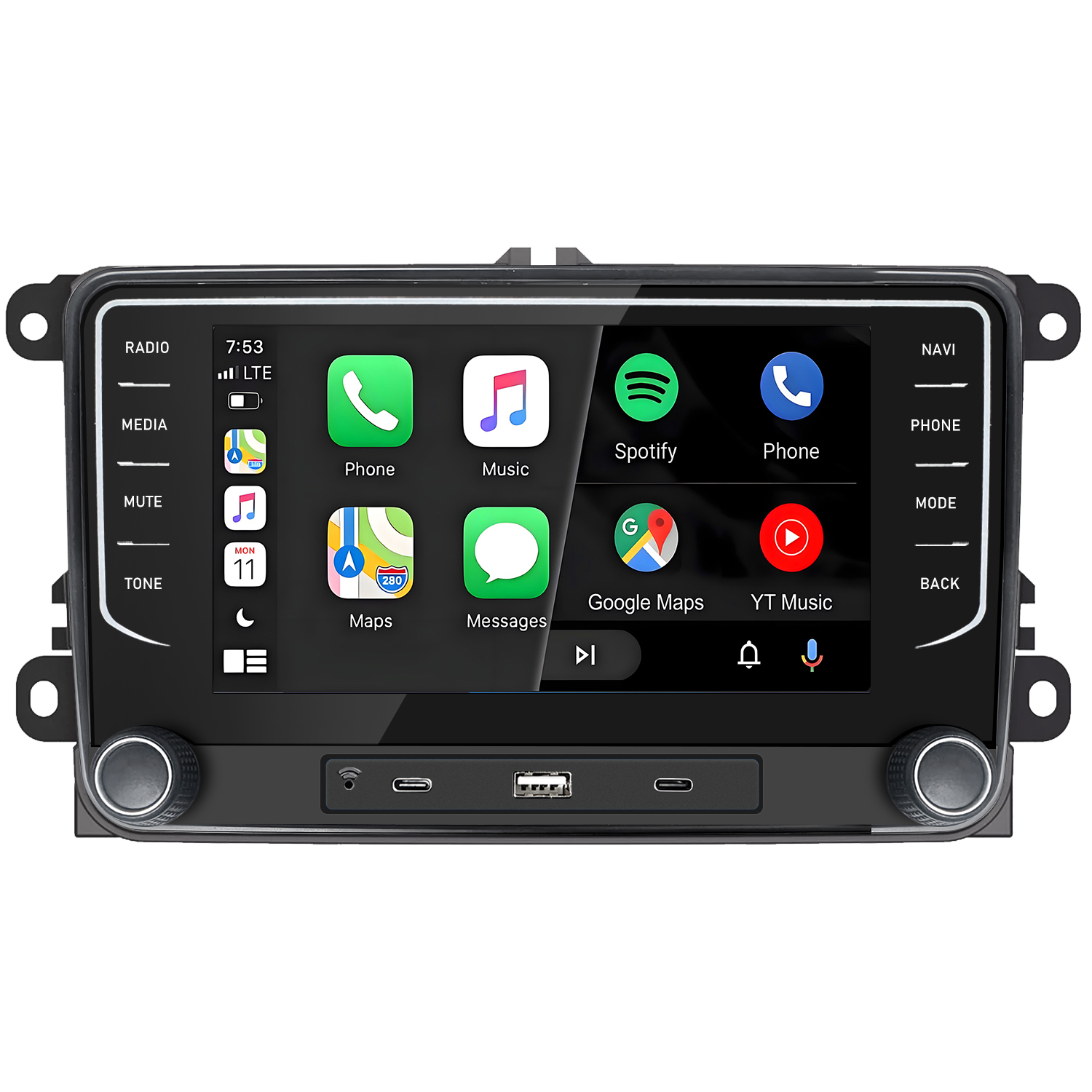 Ein Autoradio-Touchscreen mit App-Symbolen: Telefon, Musik, Spotify, Karten und mehr.